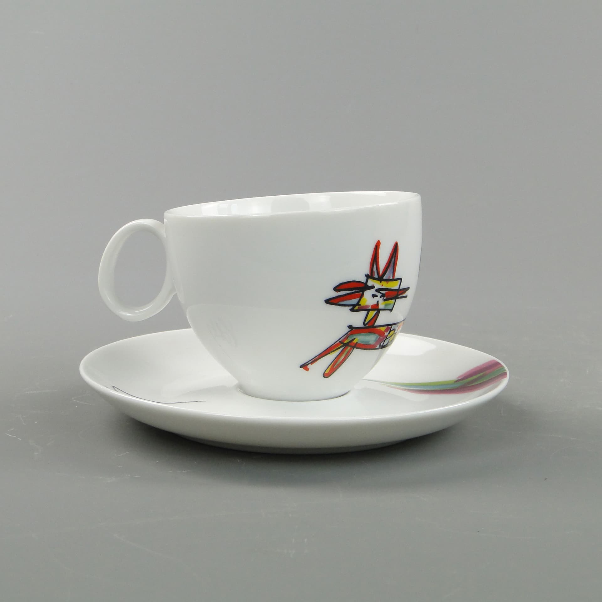 Filiżanka do kawy Kot i Mysz, porcelana multikolor, proj. O. Sipowicz, Ćmielów, Polska, lata 80. - 8140