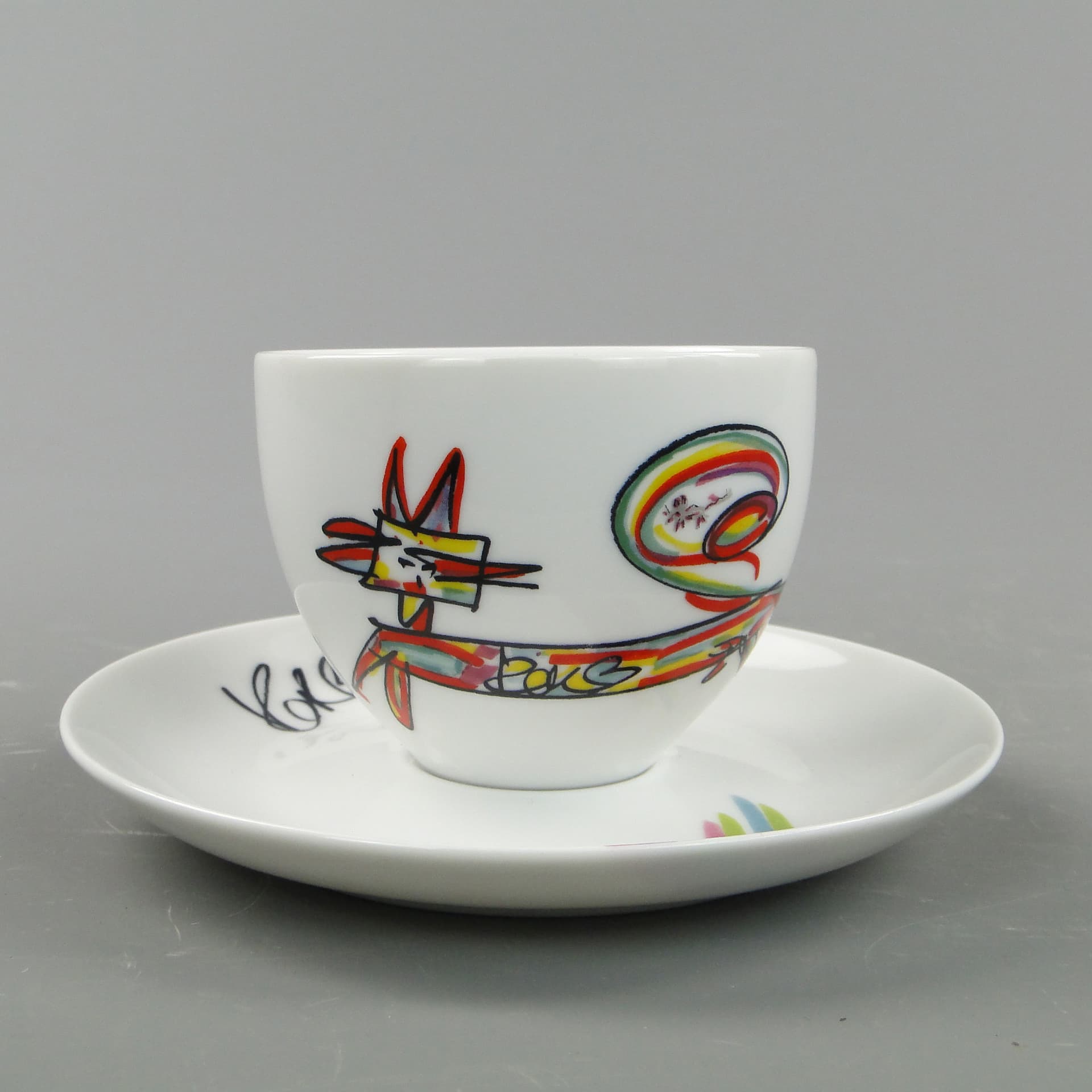 Filiżanka do kawy Kot i Mysz, porcelana multikolor, proj. O. Sipowicz, Ćmielów, Polska, lata 80. - 8138