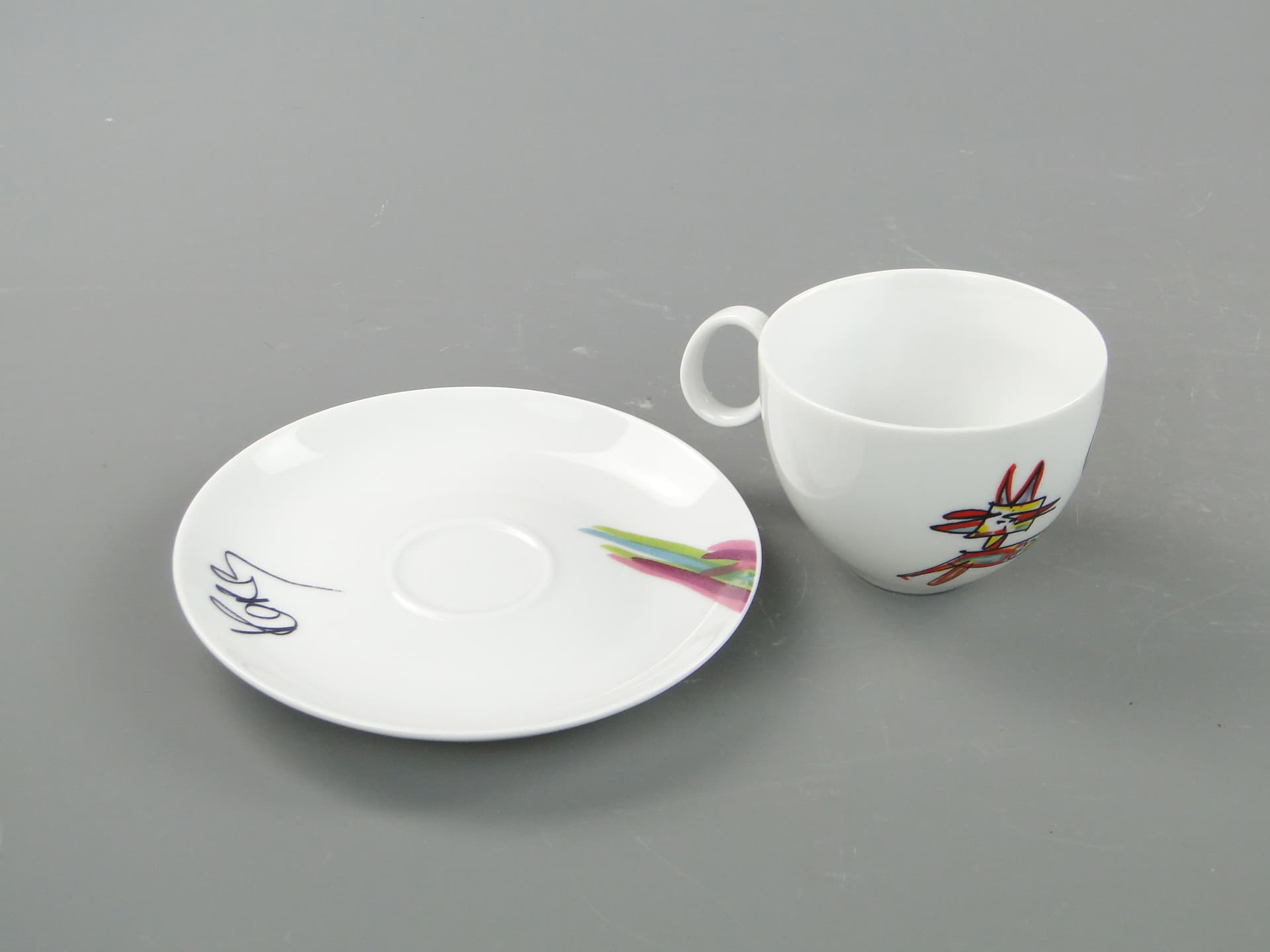 Filiżanka do kawy Kot i Mysz, porcelana multikolor, proj. O. Sipowicz, Ćmielów, Polska, lata 80. - 8142