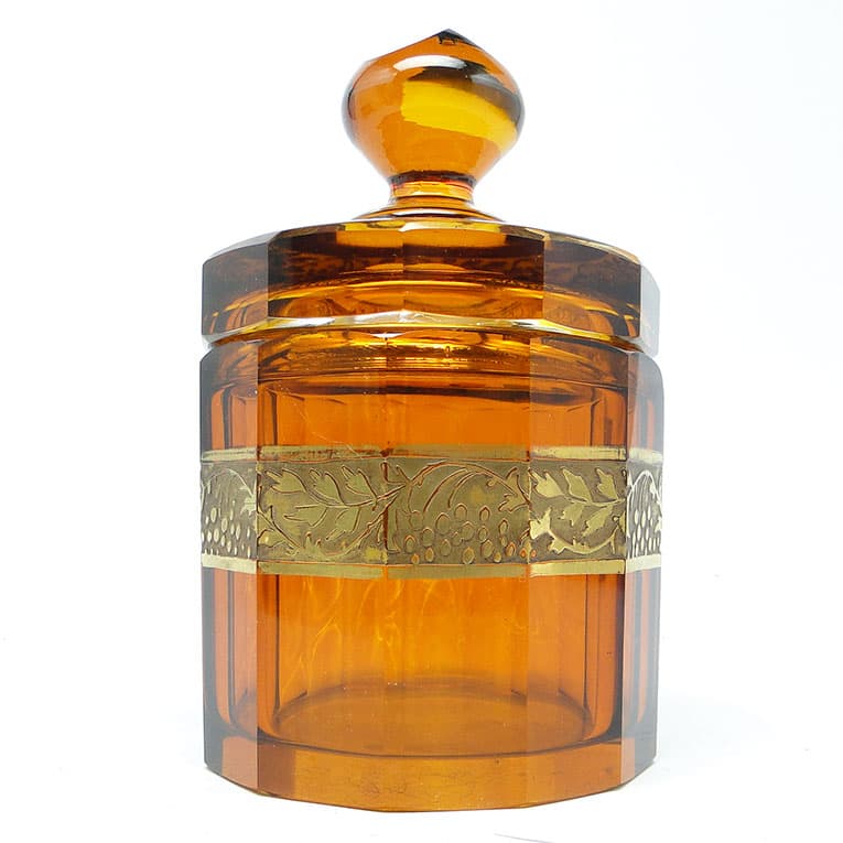 Bomboniera Art Deco, szkło miodowe, oroplastyka, Moser, Bohemia, Czechosłowacja, lata 30. - 112577