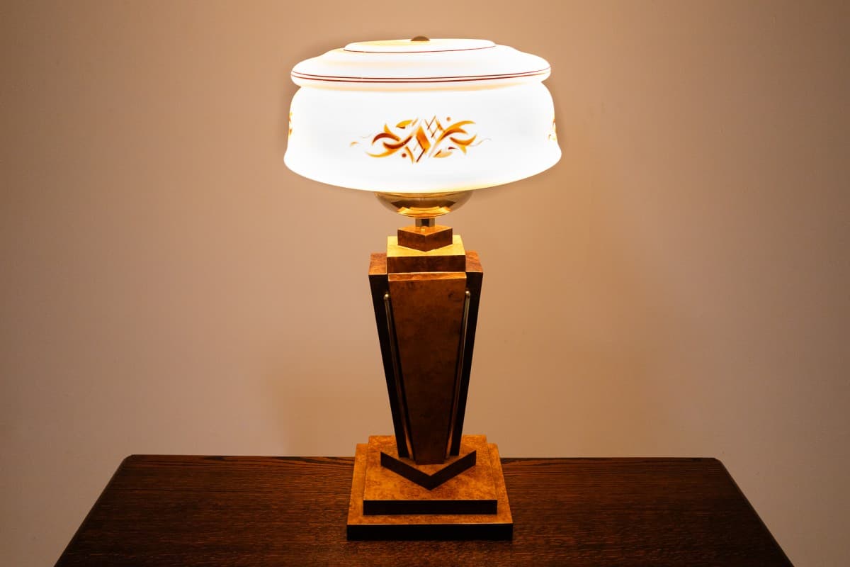 Brązowa lampa stołowa art deco, Polska, lata 50. - 78333