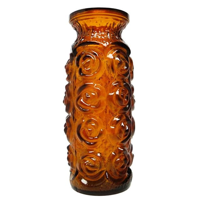 Wazon Róże Art Deco, szkło prasowane pomarańczowe, Huta Laura, Polska, lata 70. - WYMIARY