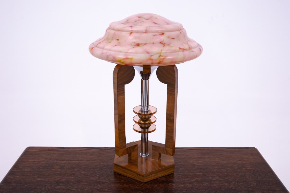 Orzechowa lampa stołowa, styl art deco, Polska, lata 50. - 78366