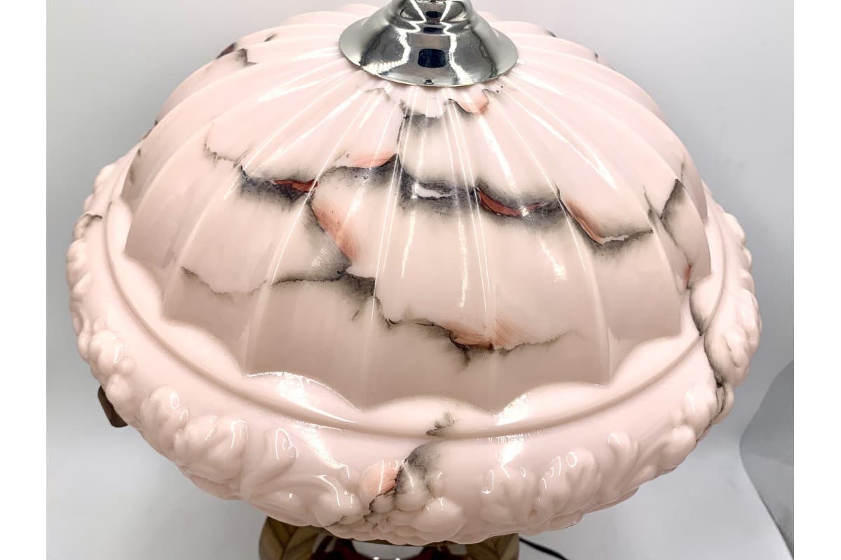 Różowa szklana lampa stołowa w stylu art deco, Polska, lata 50. - 78400
