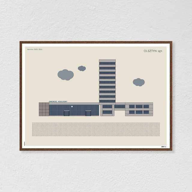 Plakat Dworzec PKP i PKS / Olsztyn 70x50, aut. K. Jasińska, GRA-FIKA - WYMIARY