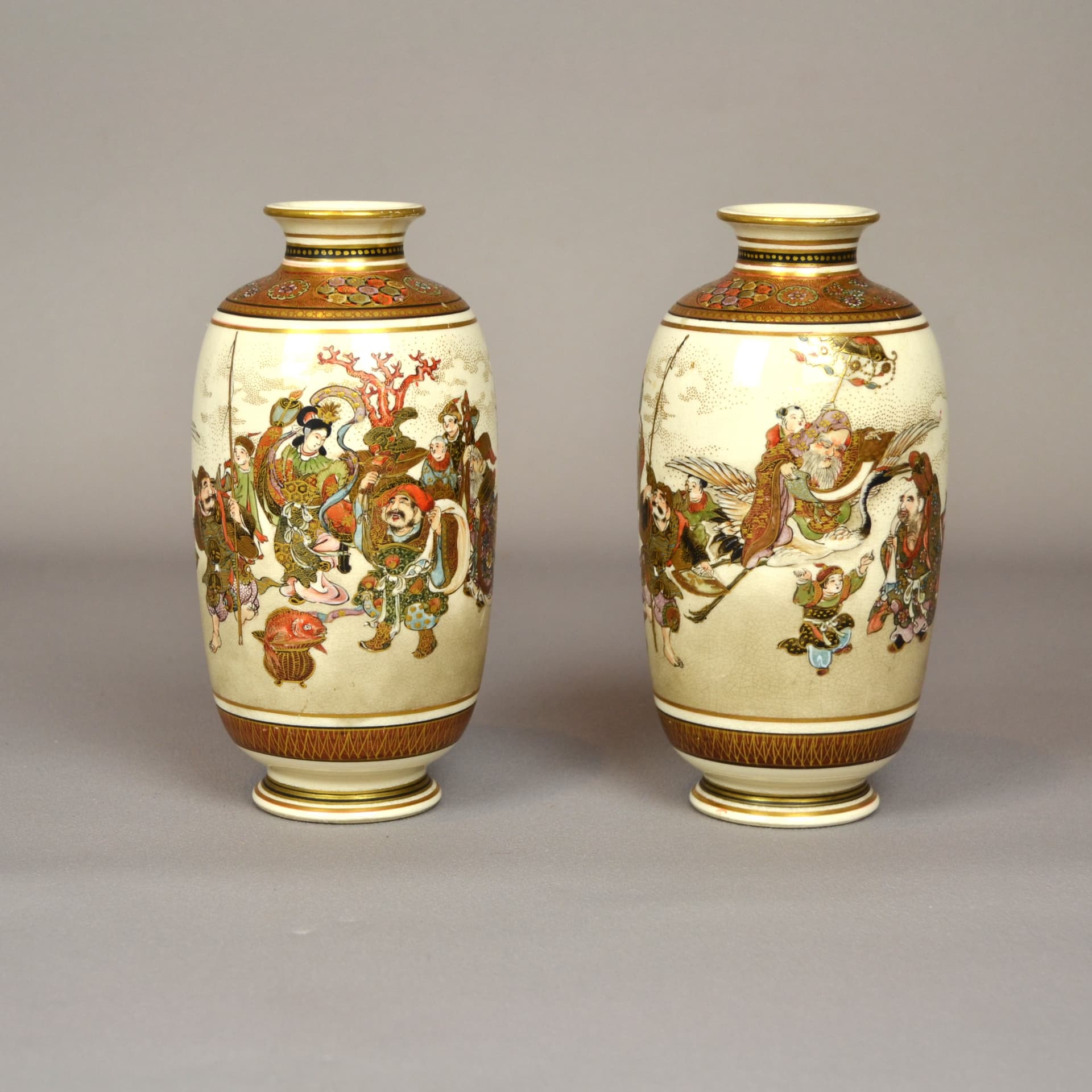 Para wazonów Satsuma, Meiji, ceramika kość słoniowa, Japonia, XIX w. - 1006