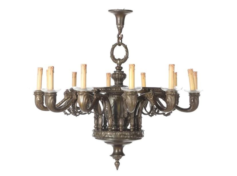 Antyczny brązowy żyrandol dwunasto-ramienny, Europa Północna, ok. 1900