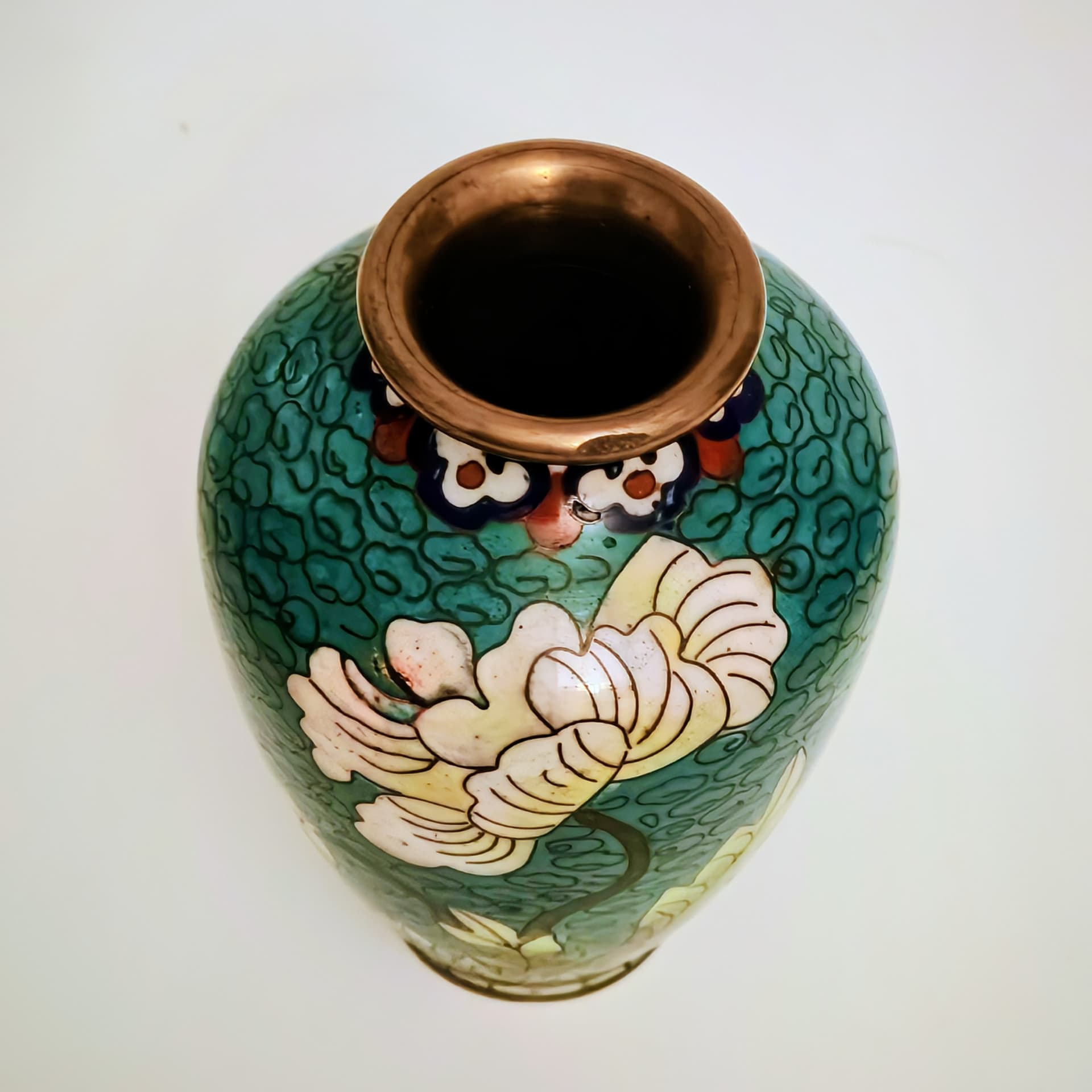 Wazonik, emalia komórkowa turkusowa, Chiny, lata 50. - 124020