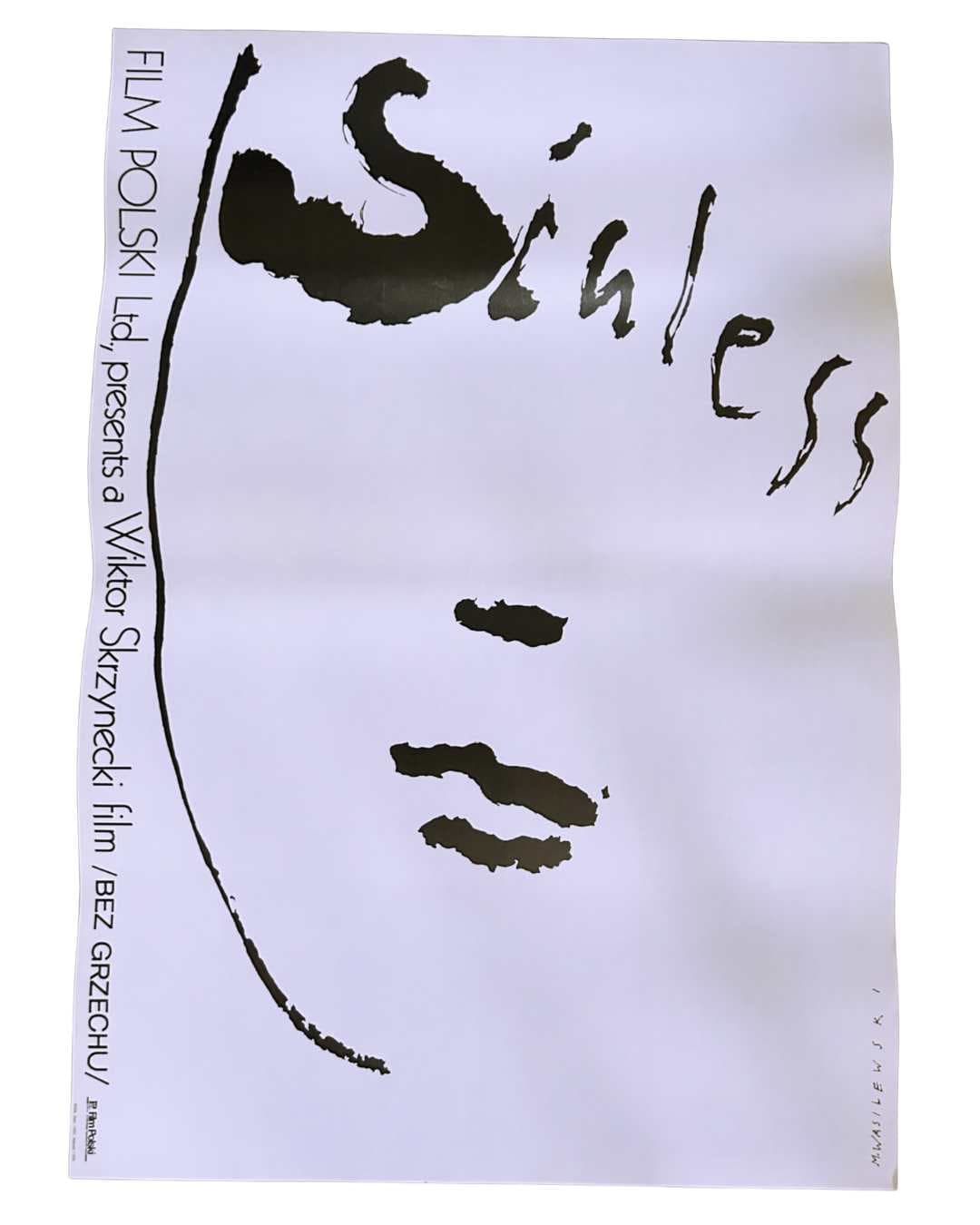 Plakat filmowy Bez grzechu, 98x68 cm, biały, papier, proj. M. Wasilewski, Polska, lata 80.