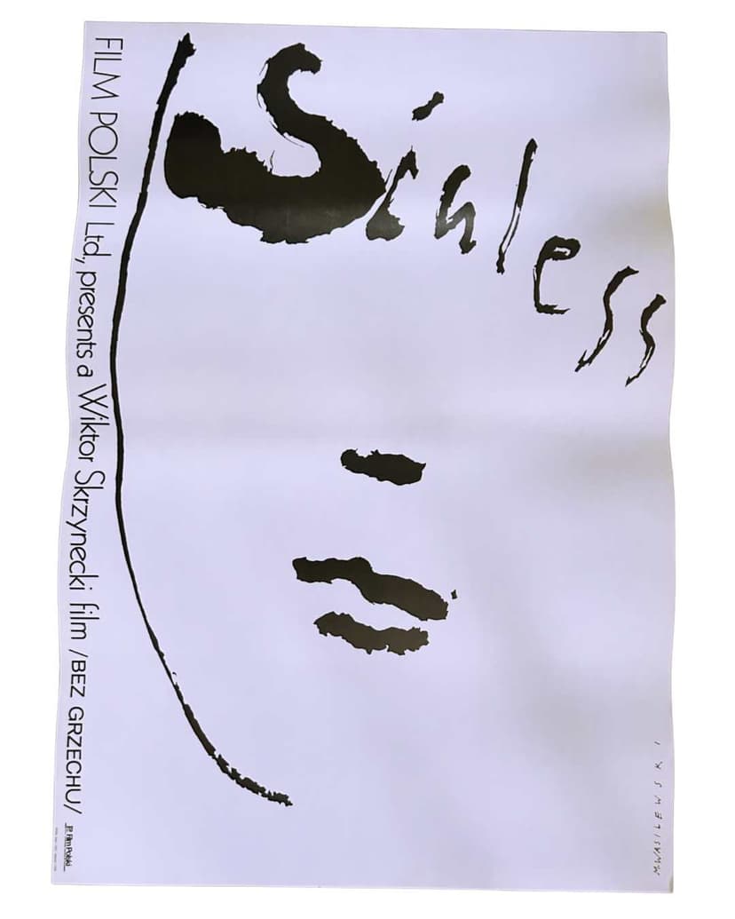 Plakat filmowy Bez grzechu, 98x68 cm, biały, papier, proj. M. Wasilewski, Polska, lata 80.