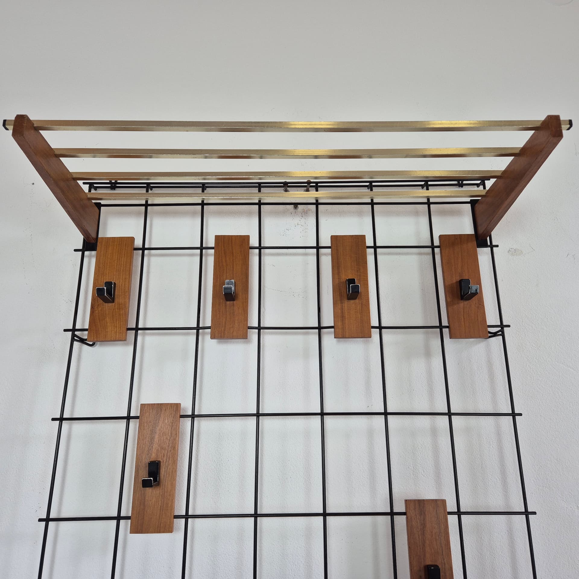 Wall-mounted hall stand, brown teak, black metal, Denmark, 1960s. - 125109