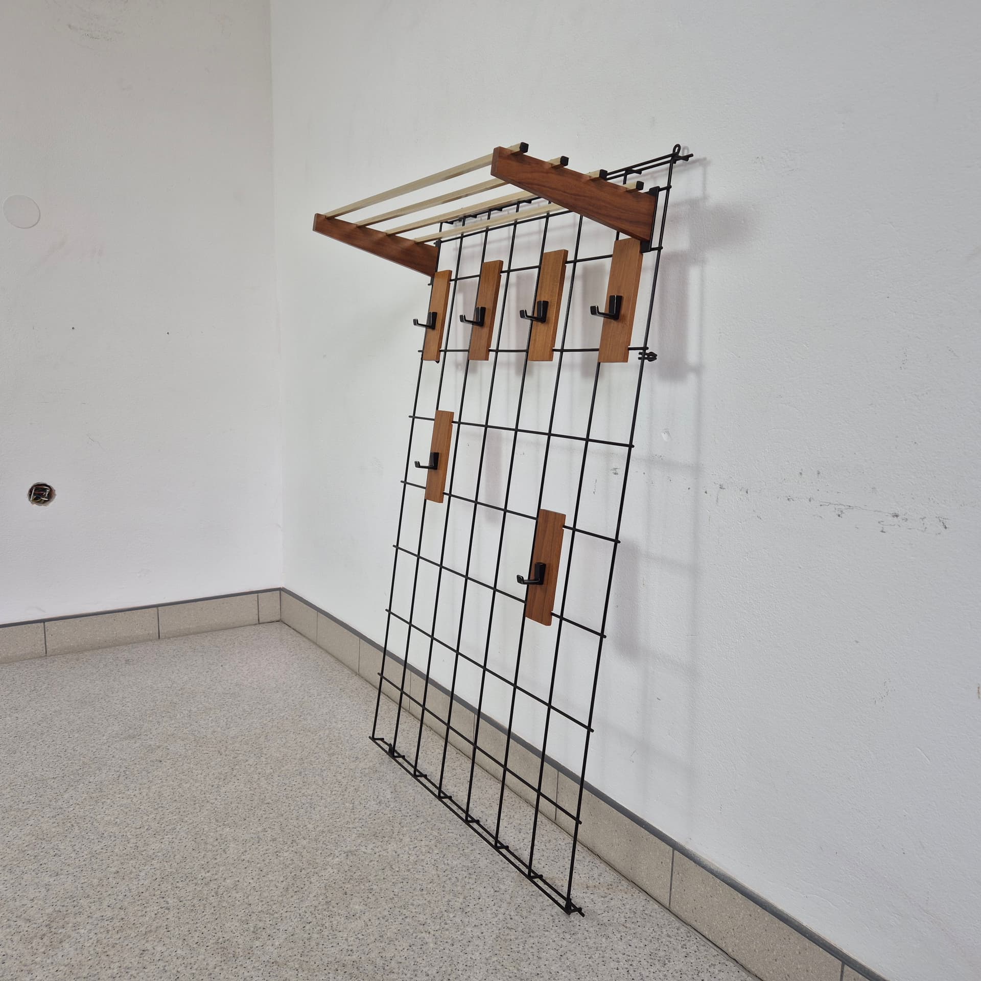 Wall-mounted hall stand, brown teak, black metal, Denmark, 1960s. - 125112