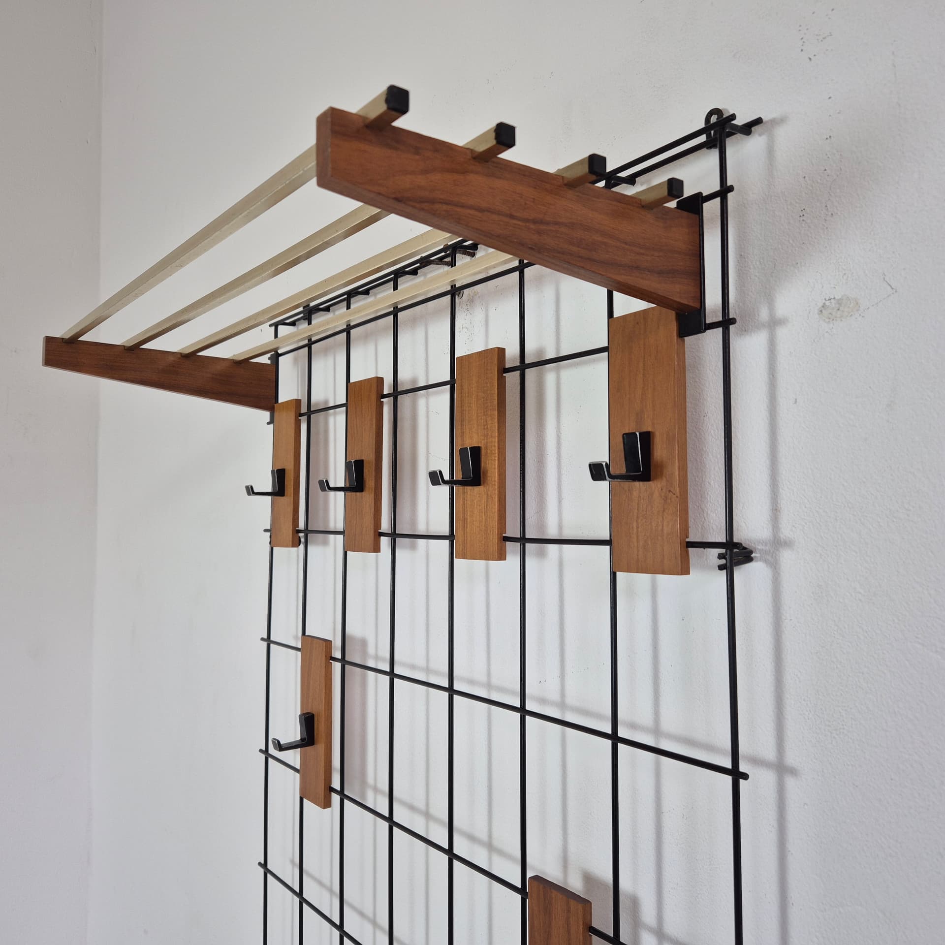 Wall-mounted hall stand, brown teak, black metal, Denmark, 1960s. - 125108