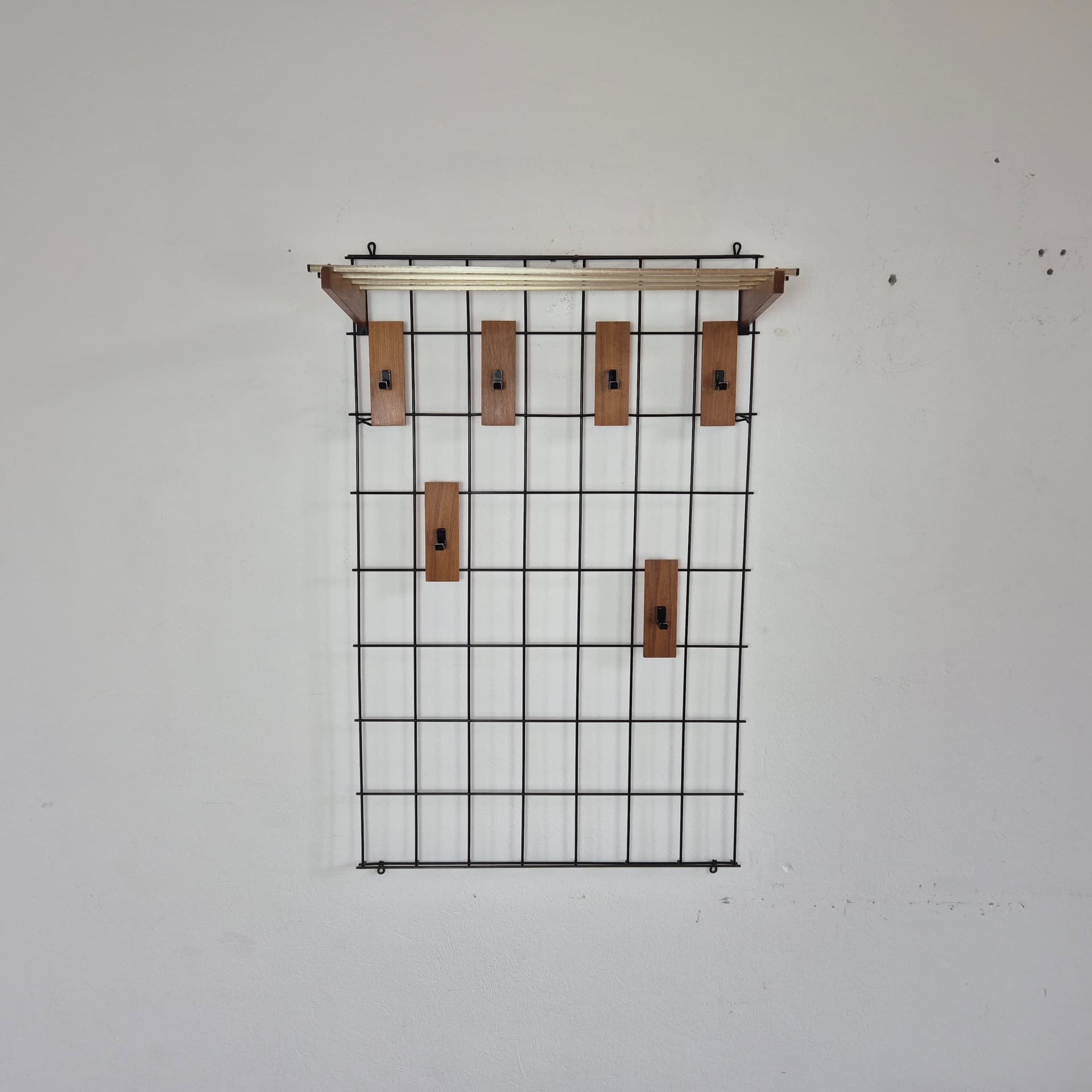 Wall-mounted hall stand, brown teak, black metal, Denmark, 1960s. - 125107