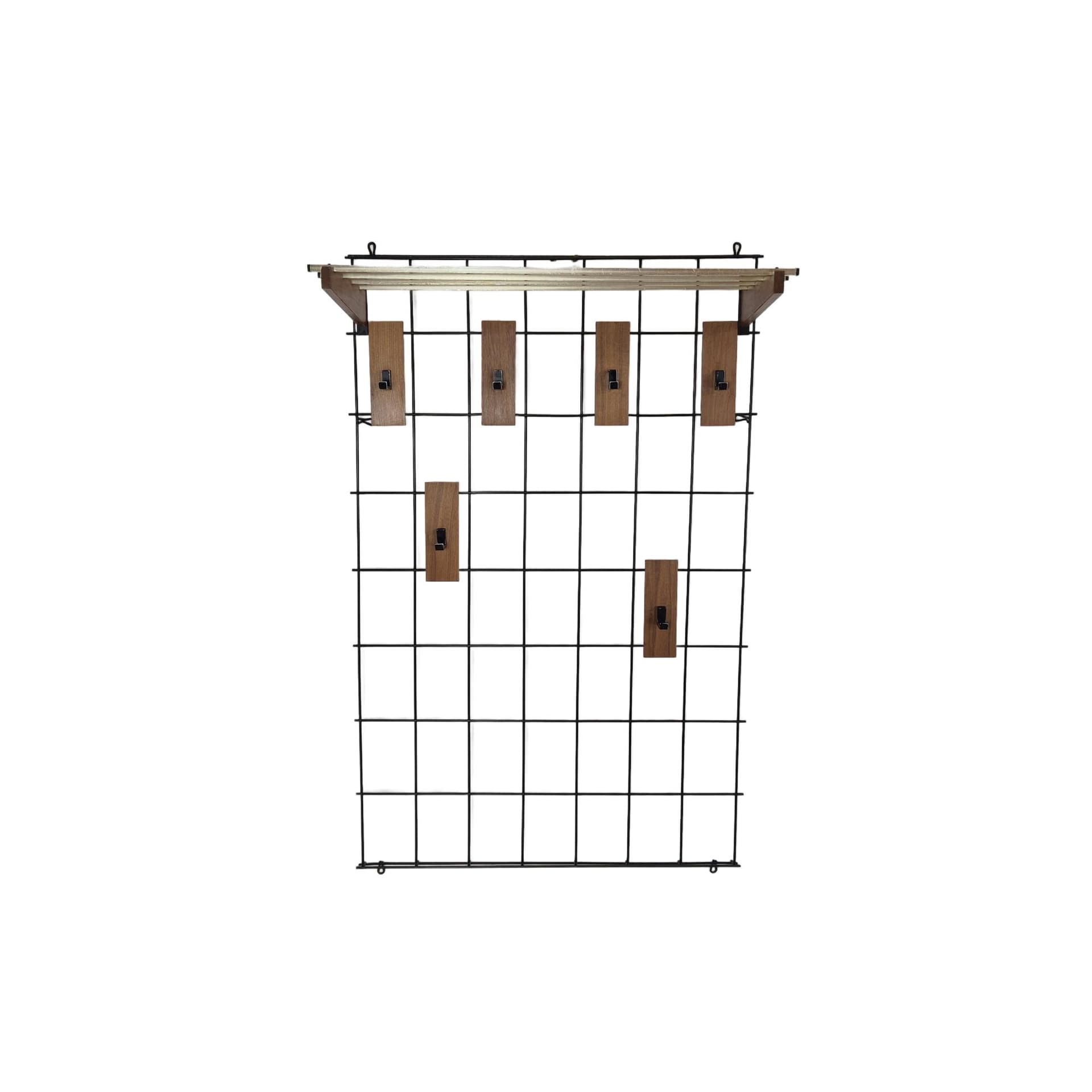 Wall-mounted hall stand, brown teak, black metal, Denmark, 1960s.