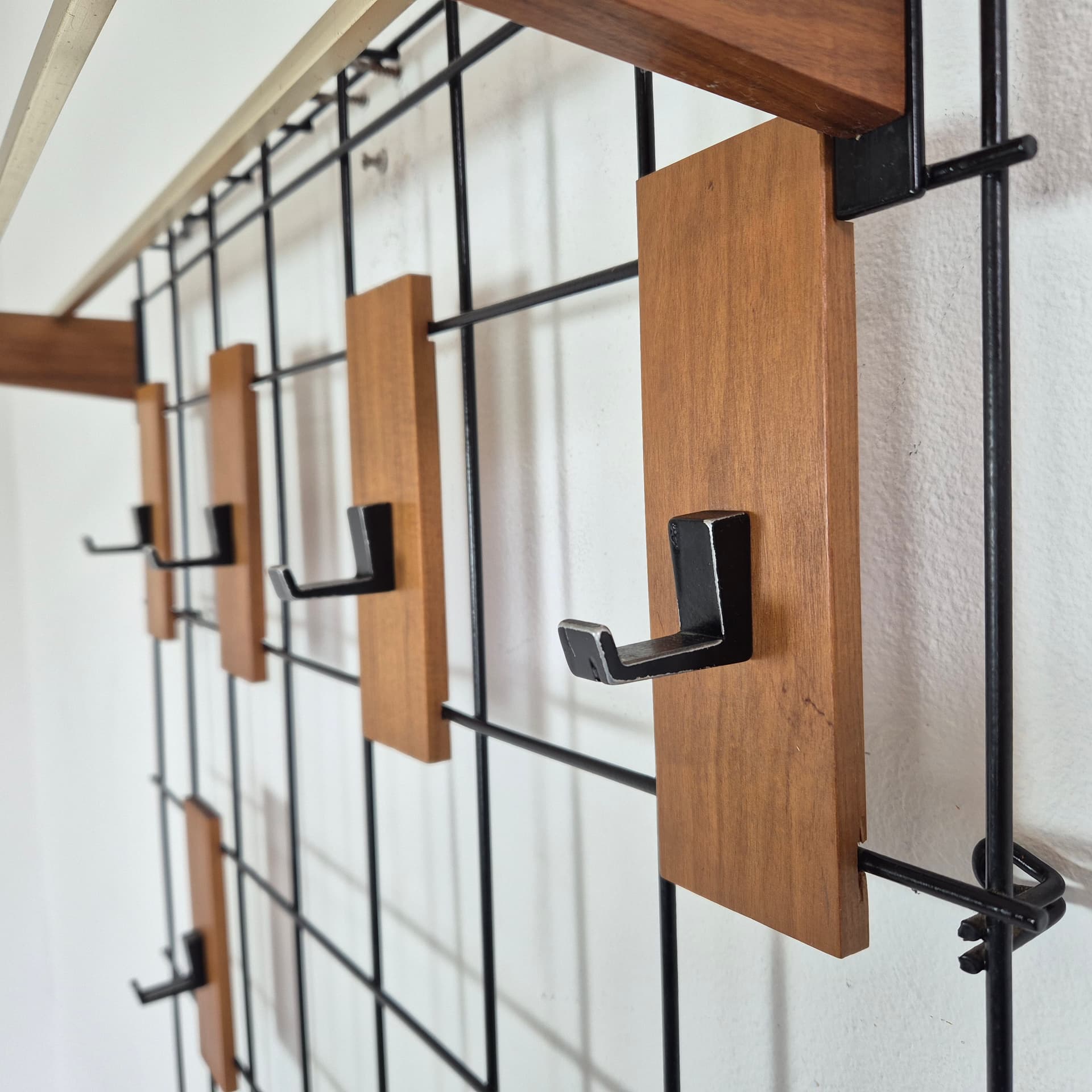 Wall-mounted hall stand, brown teak, black metal, Denmark, 1960s. - 125110