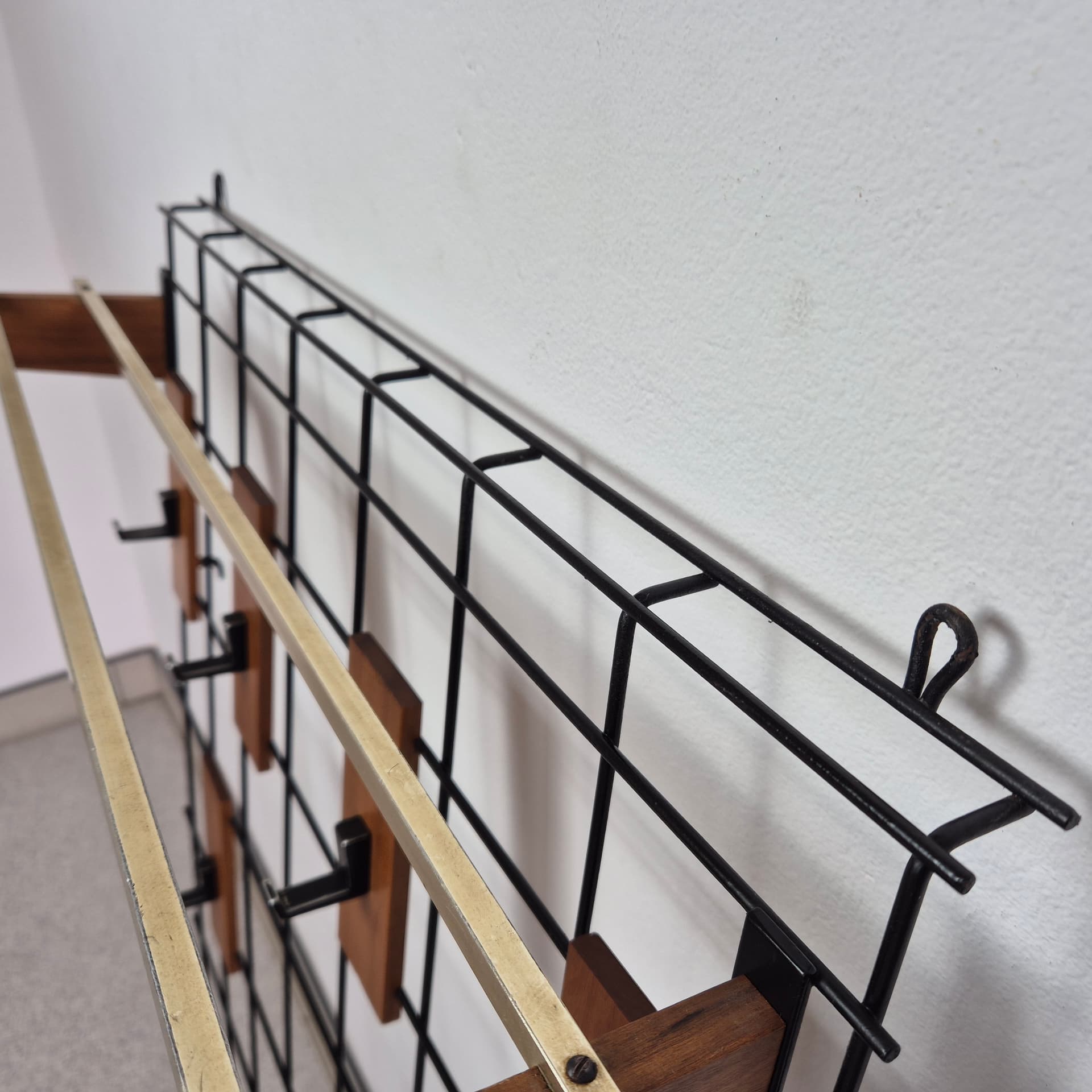 Wall-mounted hall stand, brown teak, black metal, Denmark, 1960s. - 125106