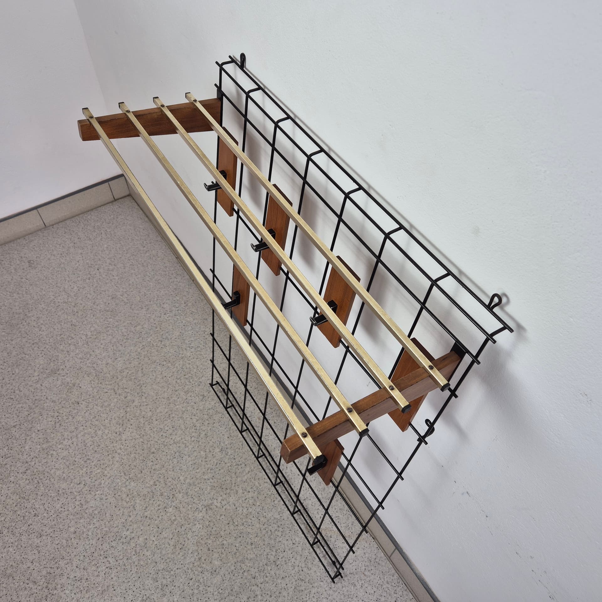 Wall-mounted hall stand, brown teak, black metal, Denmark, 1960s. - 125111