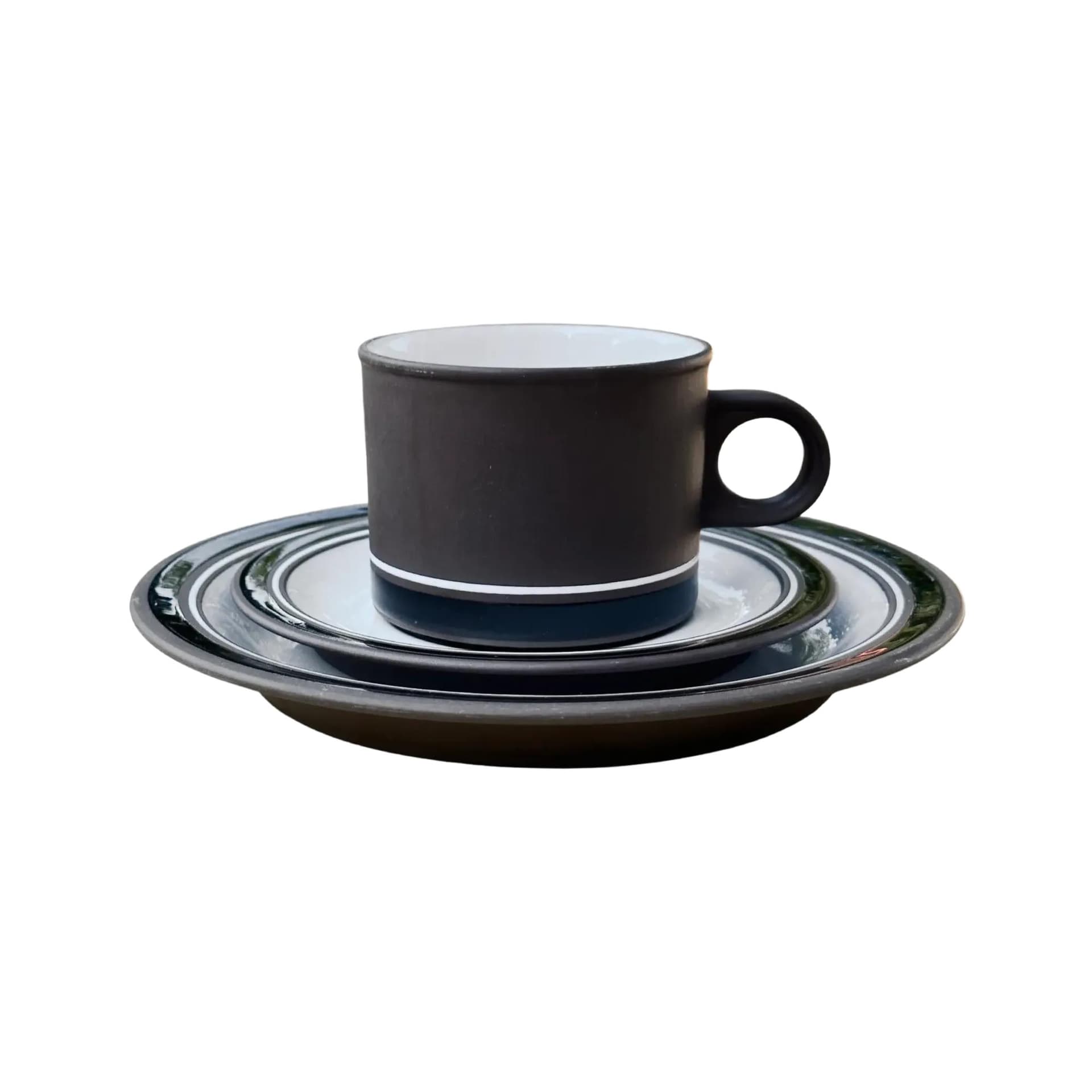 Breakfast Set Contrast, brown white navy blue, stoneware, by M. Hunt, Hornsea, England, 1970s.