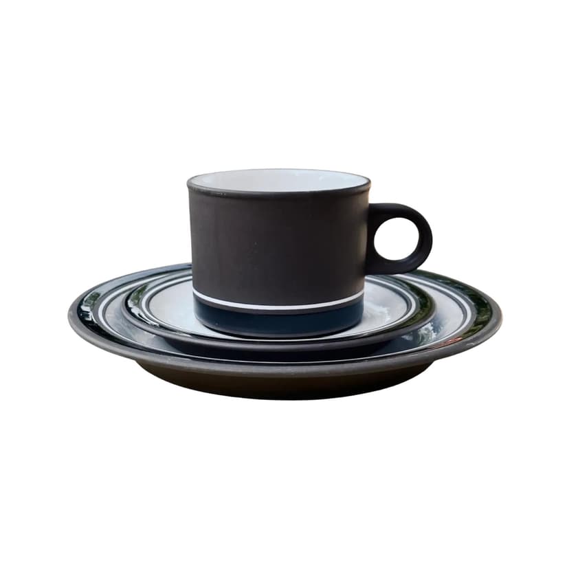 Zestaw śniadaniowy Contrast, brązowy biały granatowy, fajans, proj. M. Hunt, Hornsea, Anglia, lata 70.