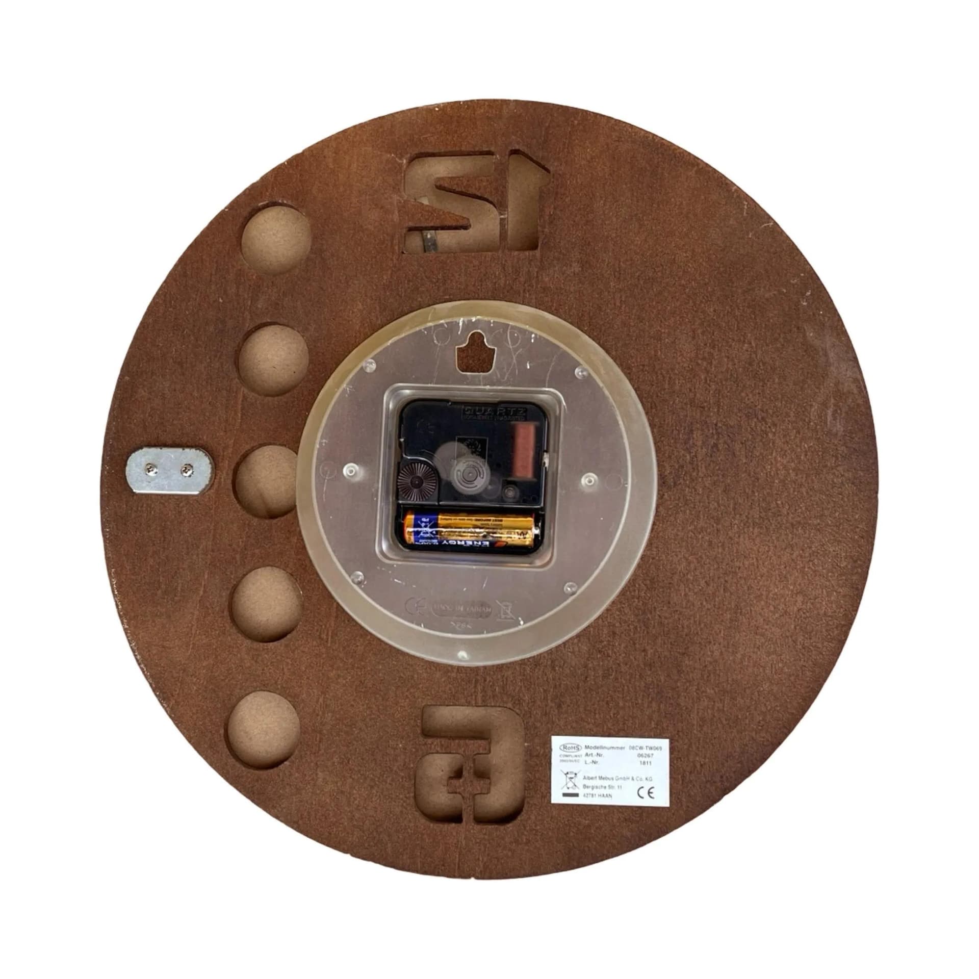 Zegar ścienny, brązowy, drewno, metal, Mebus, Niemcy, lata 90. - 126235