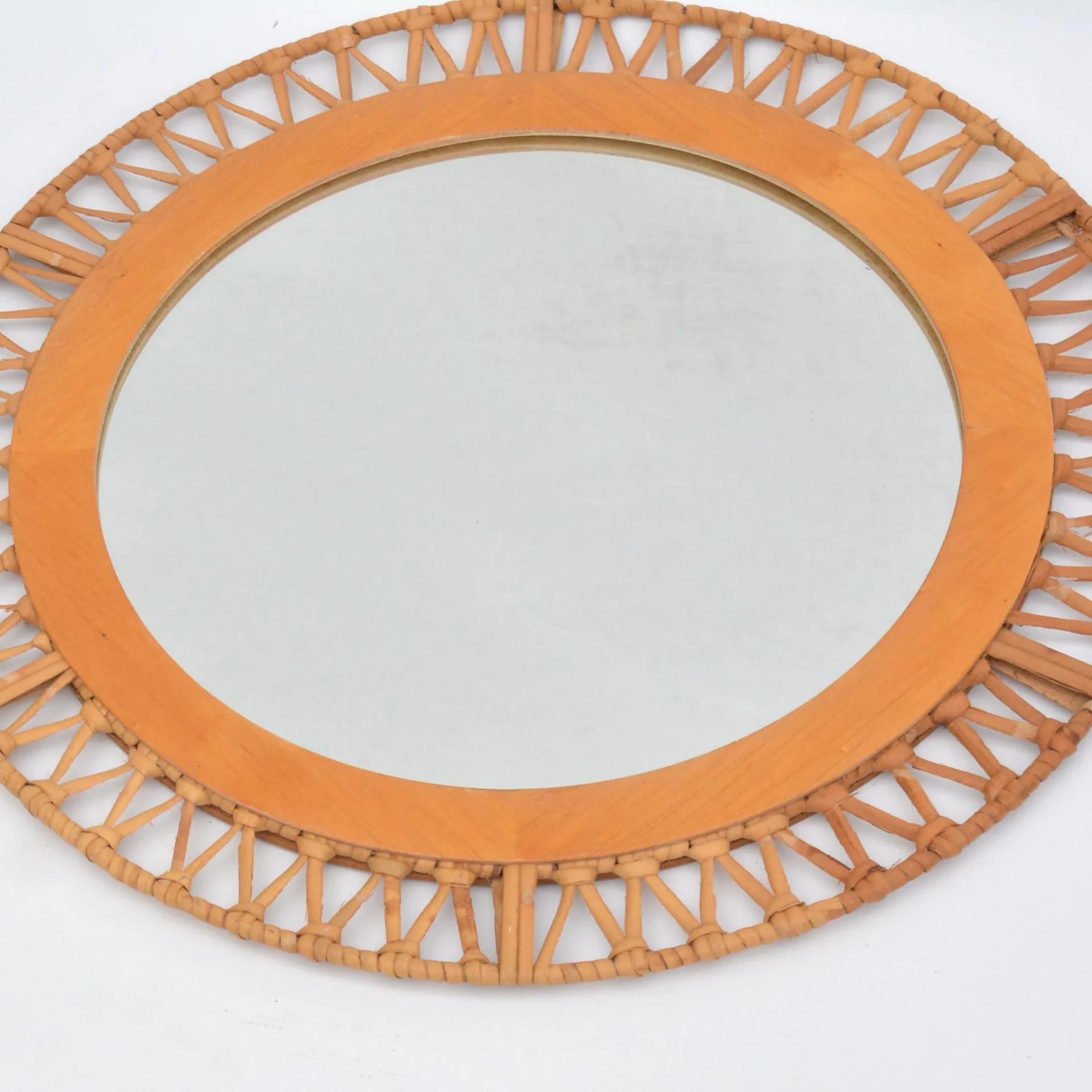 Wall Mirror Round, beige, beech, rattan, Denmark, 1970s. - 126220