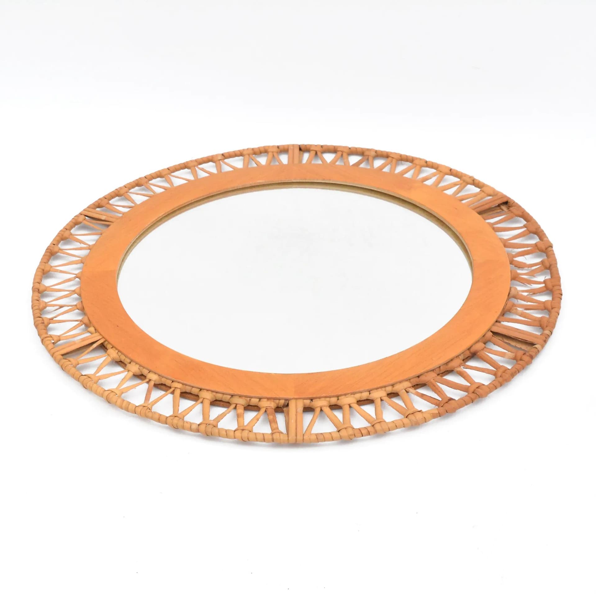 Wall Mirror Round, beige, beech, rattan, Denmark, 1970s. - 126216