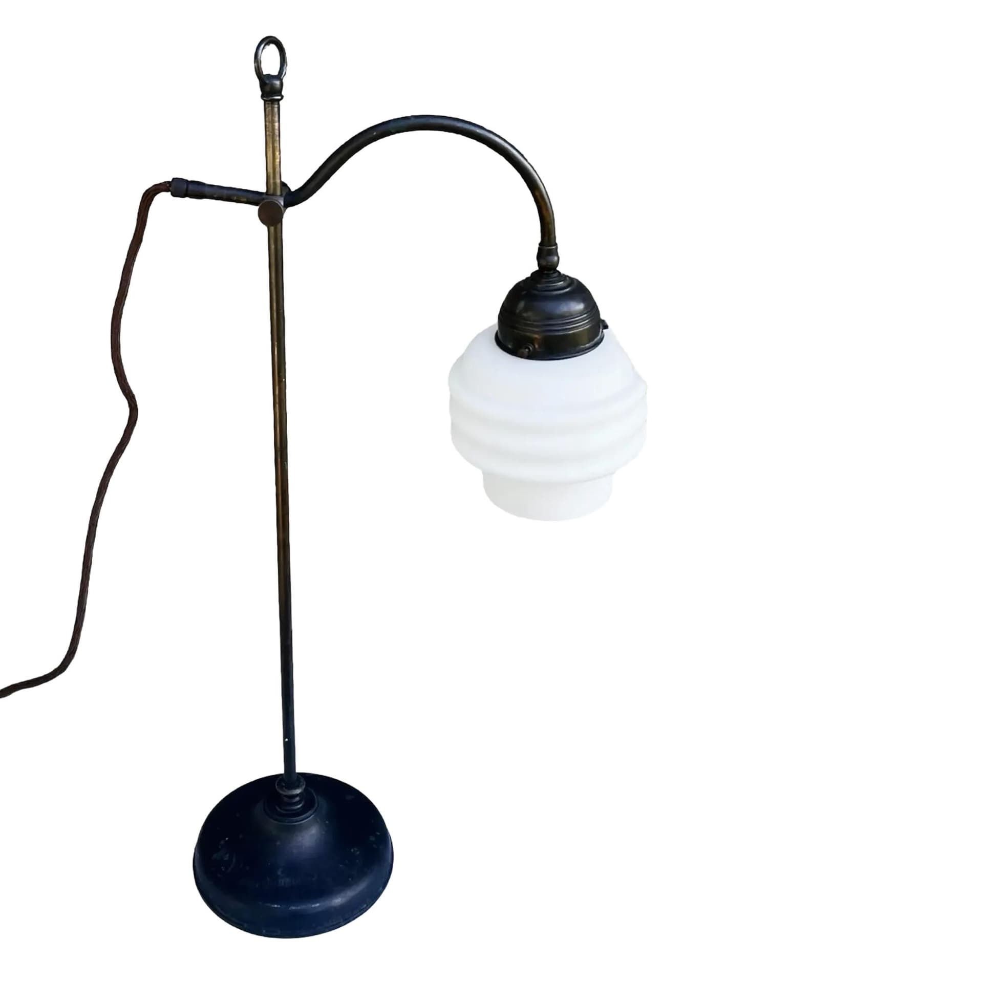 Lampa stołowa Art Deco, mosiądz ciemny brąz, szkło białe, Niemcy, lata 30.