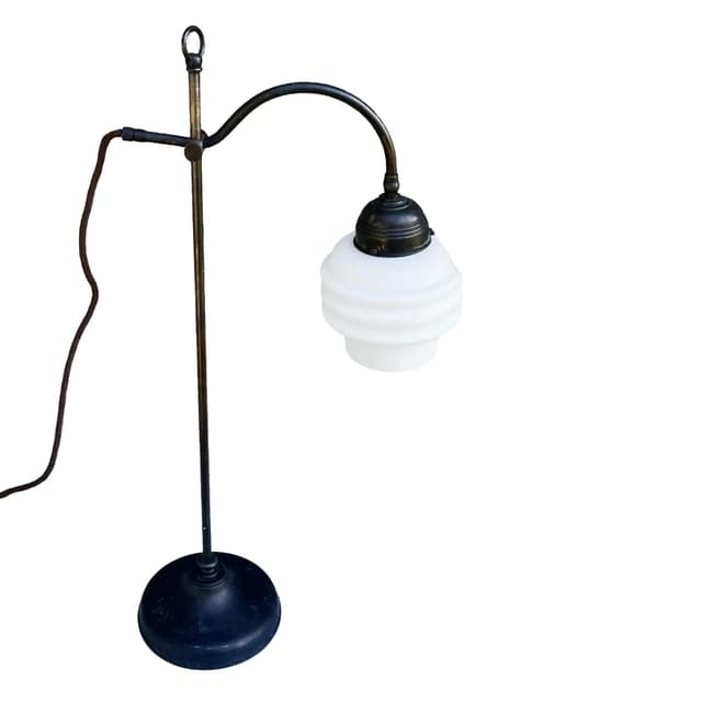 Lampa stołowa Art Deco, mosiądz ciemny brąz, szkło białe, Niemcy, lata 30. - WYMIARY