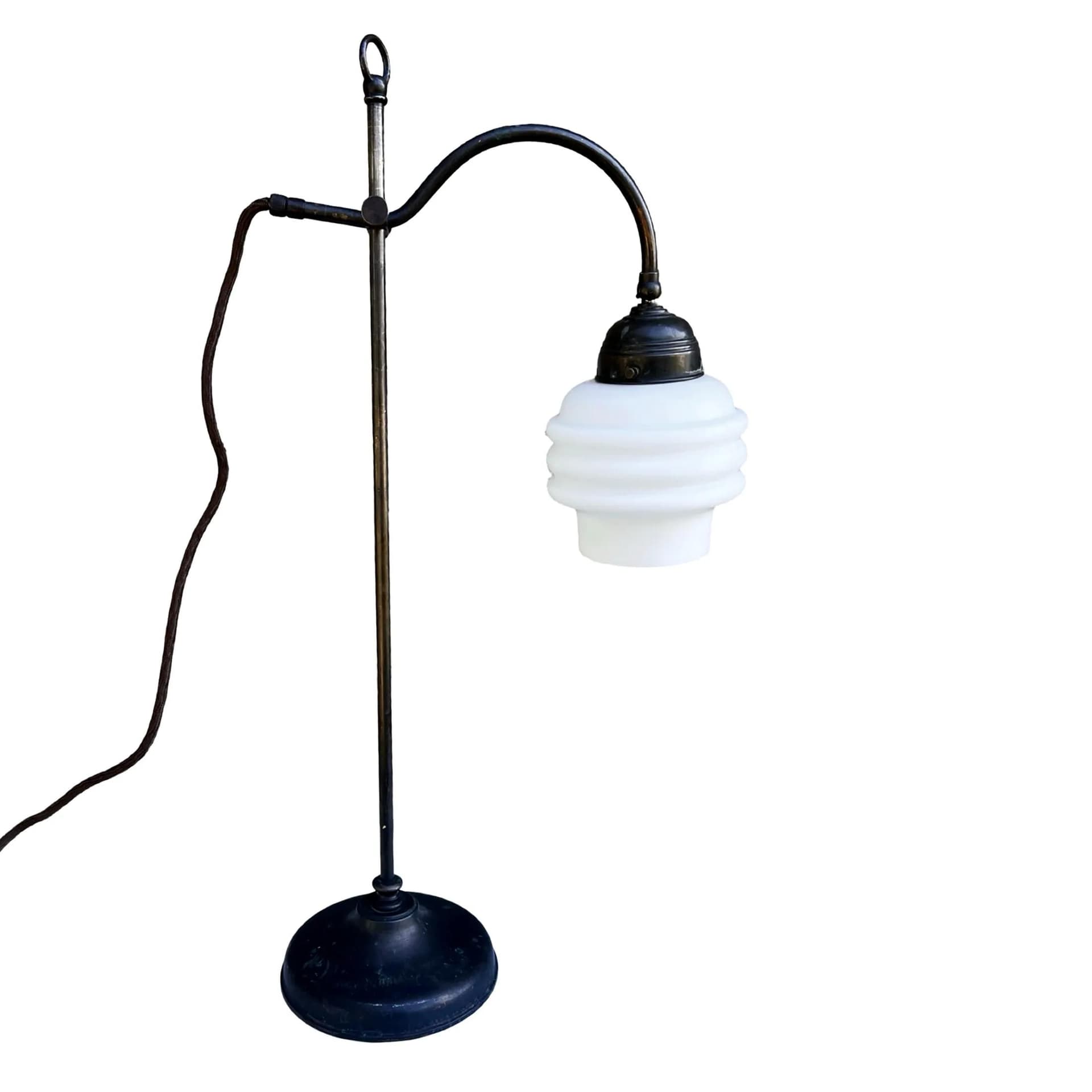 Lampa stołowa Art Deco, mosiądz ciemny brąz, szkło białe, Niemcy, lata 30. - 126087