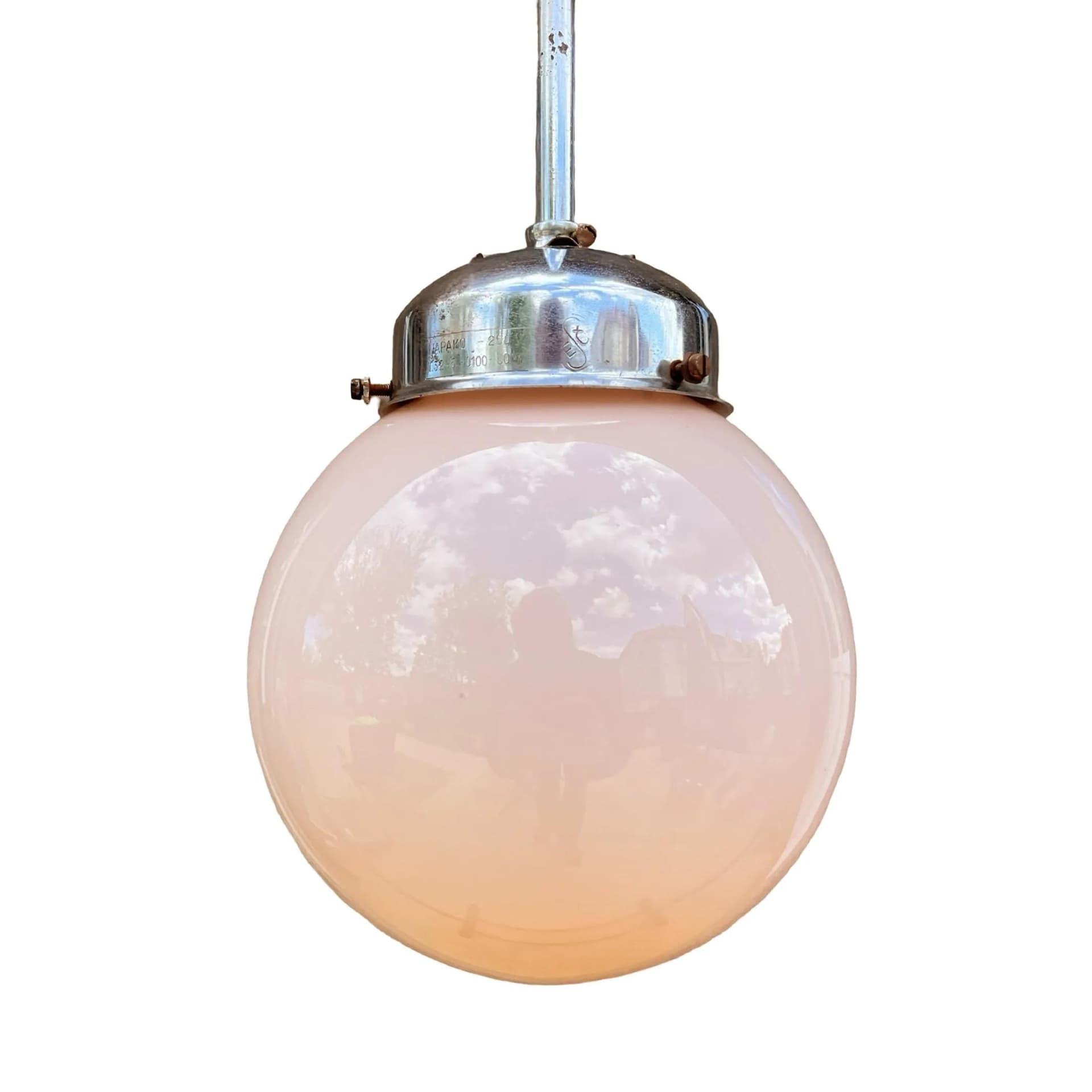 Lampa wisząca Art Deco, szkło różowe, metal chromowany, Napako, Czechosłowacja, lata 40. - 125991