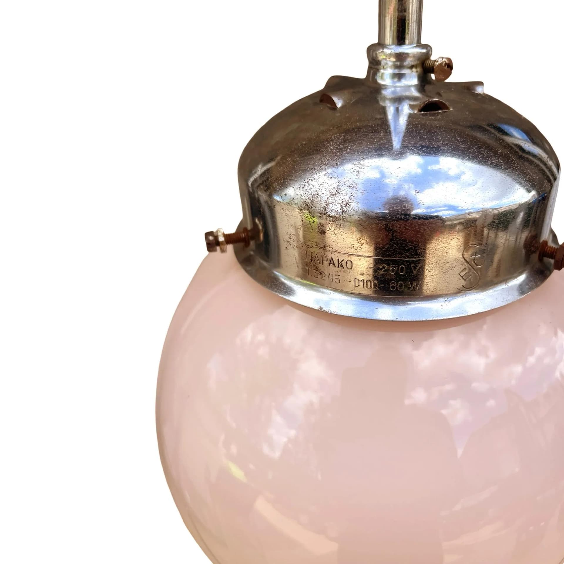 Lampa wisząca Art Deco, szkło różowe, metal chromowany, Napako, Czechosłowacja, lata 40. - 125990