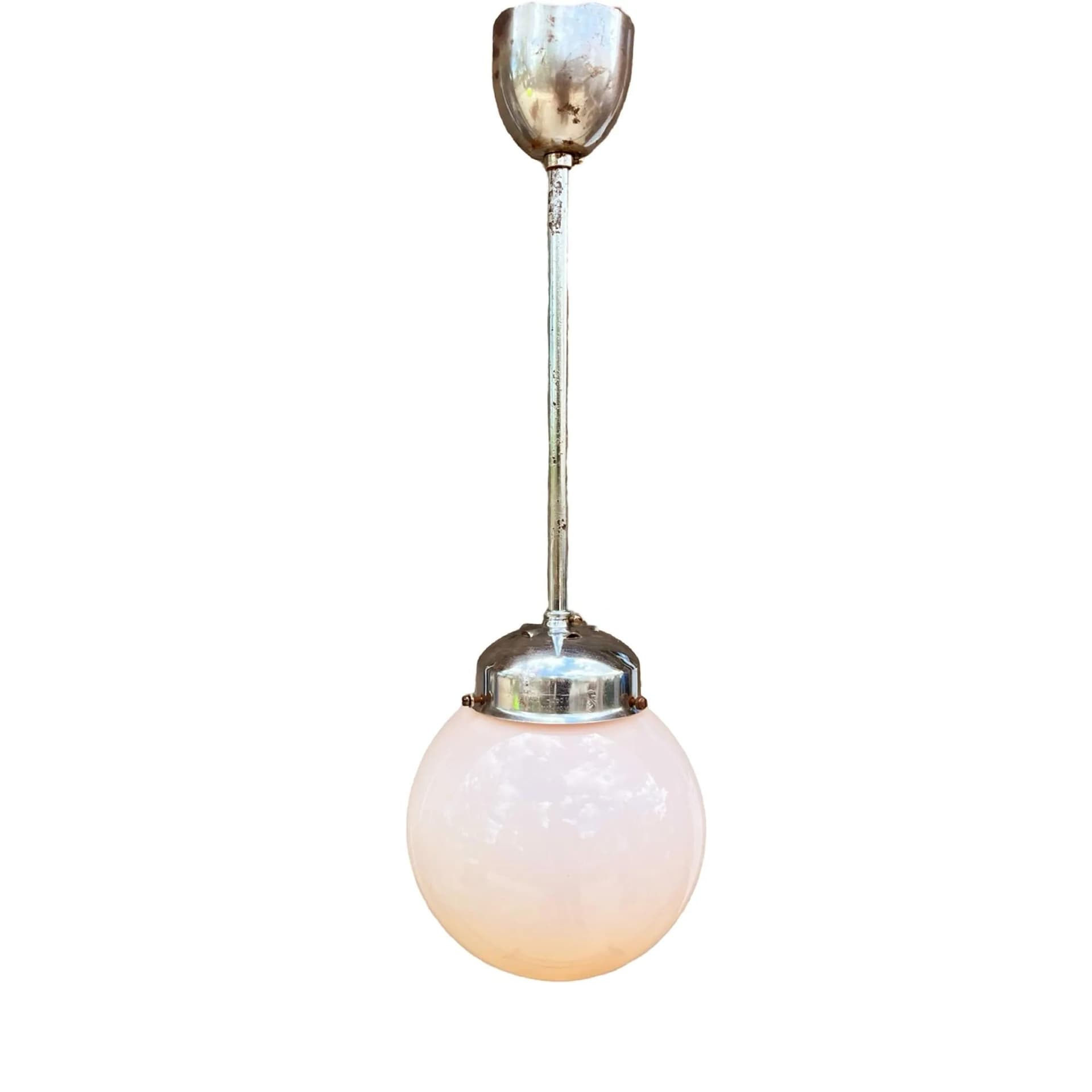 Lampa wisząca Art Deco, szkło różowe, metal chromowany, Napako, Czechosłowacja, lata 40. - 125993