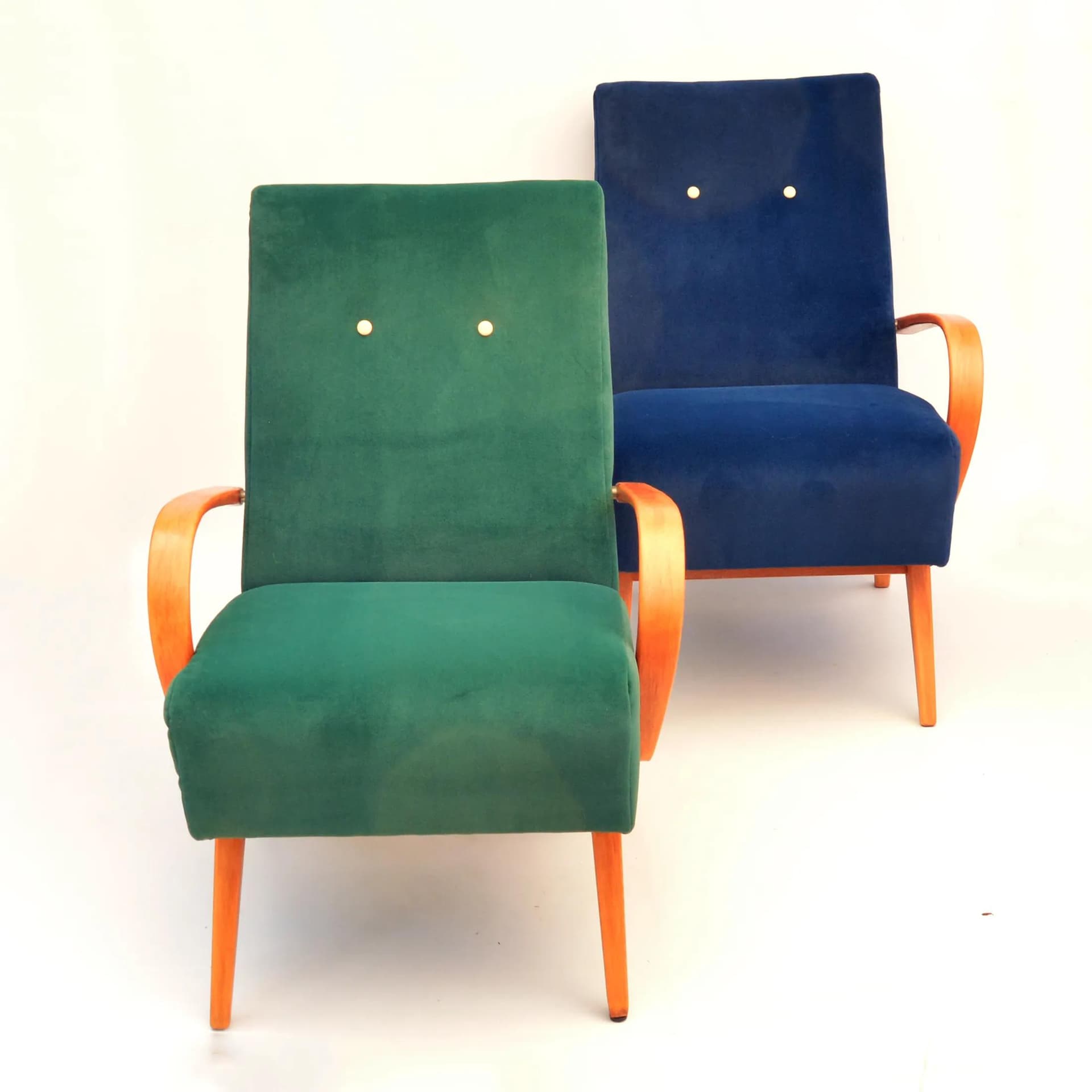 Pair of armchairs 6952, navy blue and green velvet, beech, by J. Smídek, TON, Czechoslovakia, 1960s. - 129749