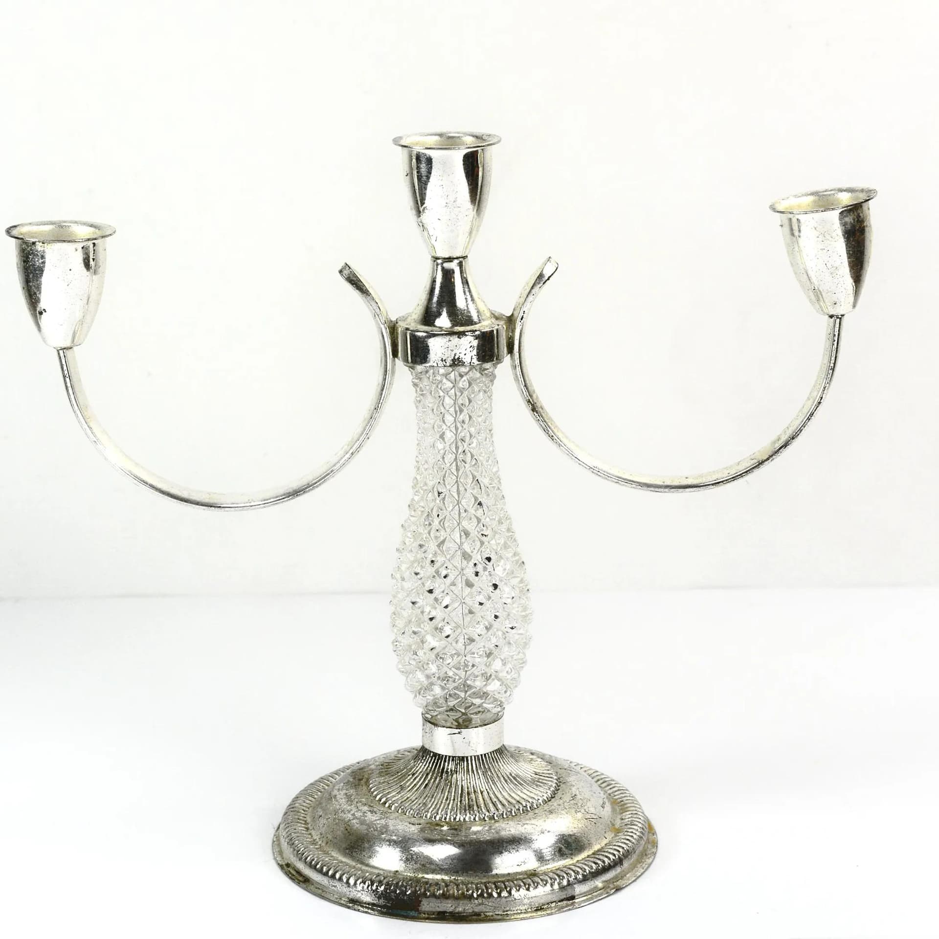 Świecznik trójramienny, srebrny, metal platerowany, kryształ, La Pierre, Francja, lata 70. - 129728