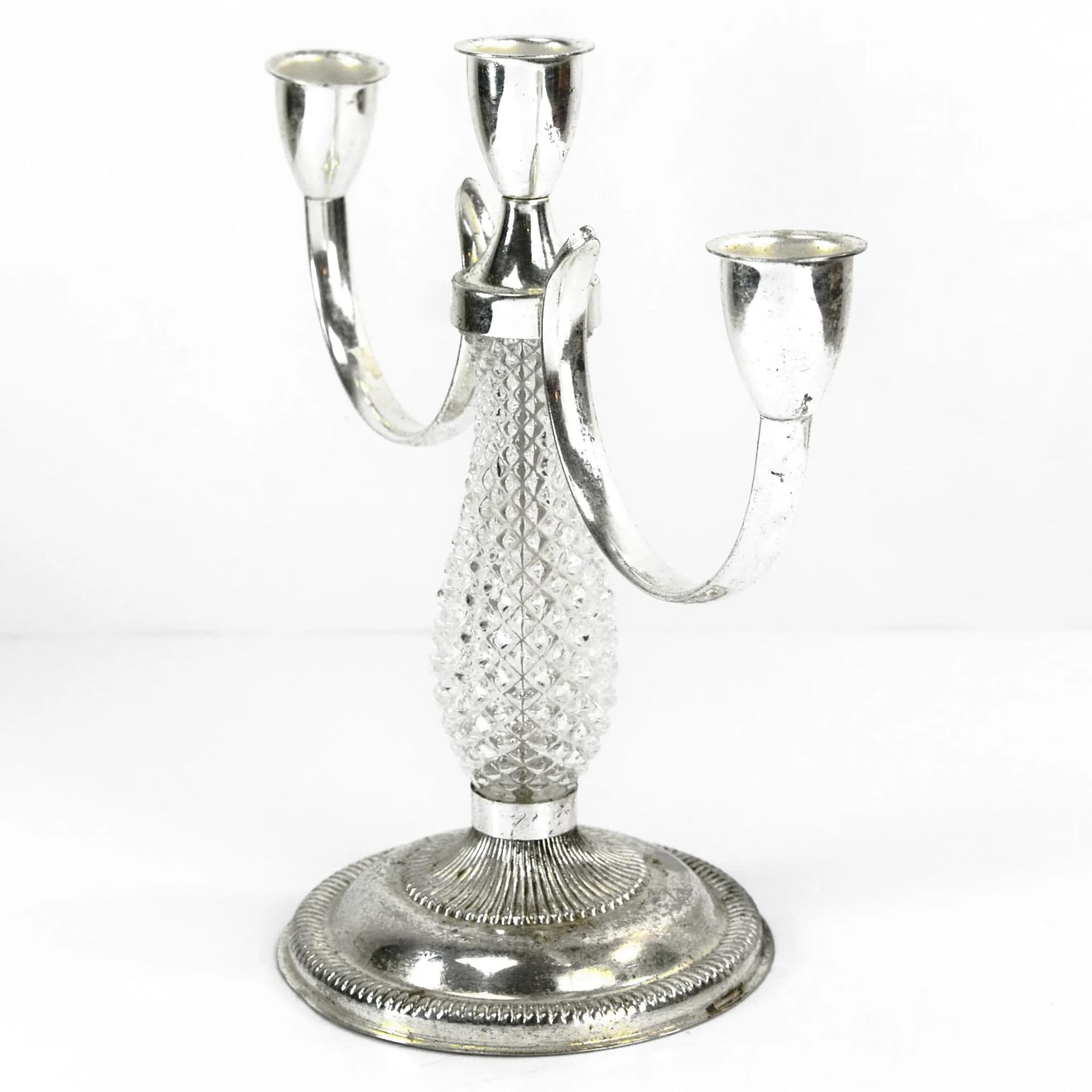 Świecznik trójramienny, srebrny, metal platerowany, kryształ, La Pierre, Francja, lata 70. - 129727