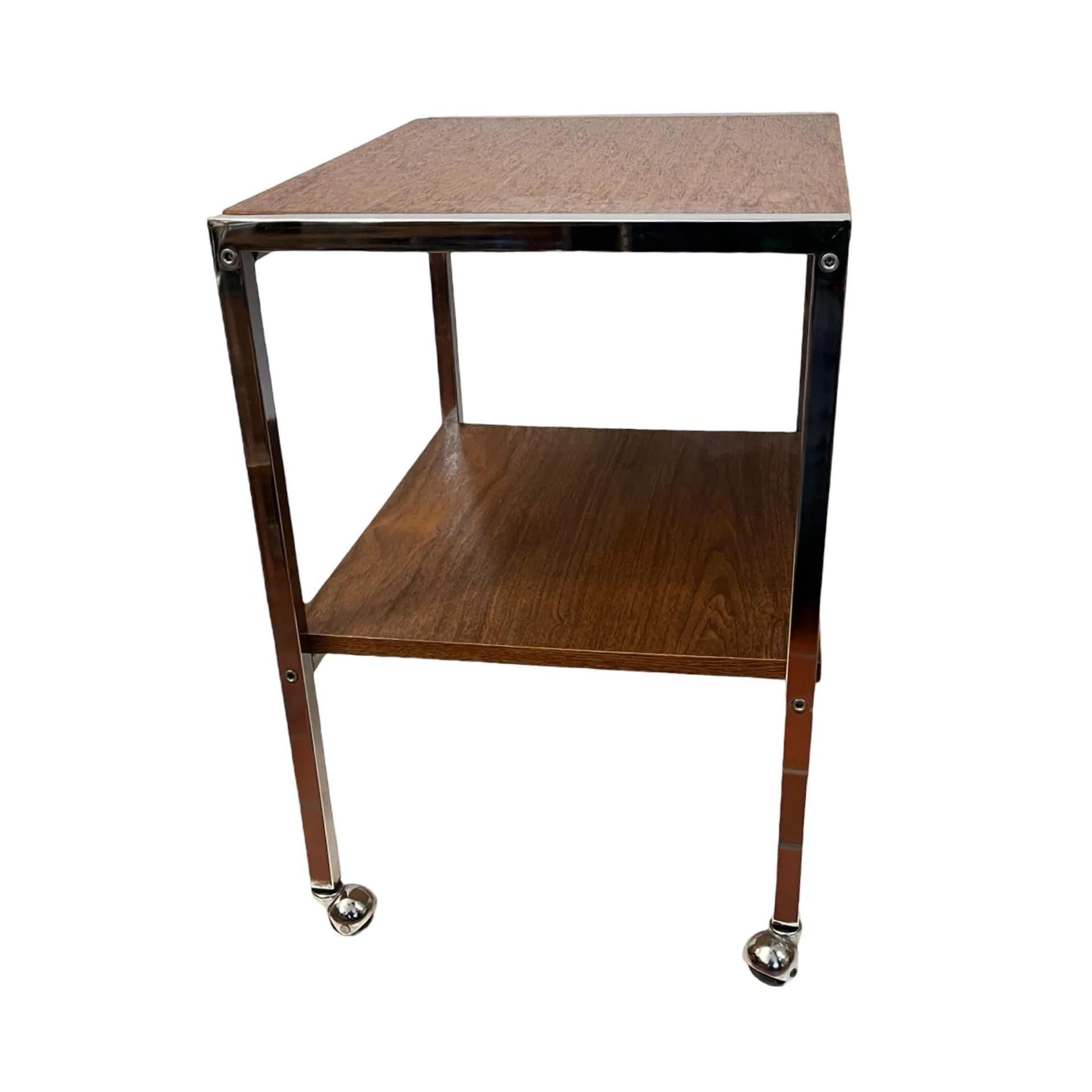 Stolik mobilny modernistyczny, orzech, stal chromowana, Dania, lata 70. - 129695