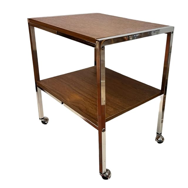 Stolik mobilny modernistyczny, orzech, stal chromowana, Dania, lata 70. - WYMIARY
