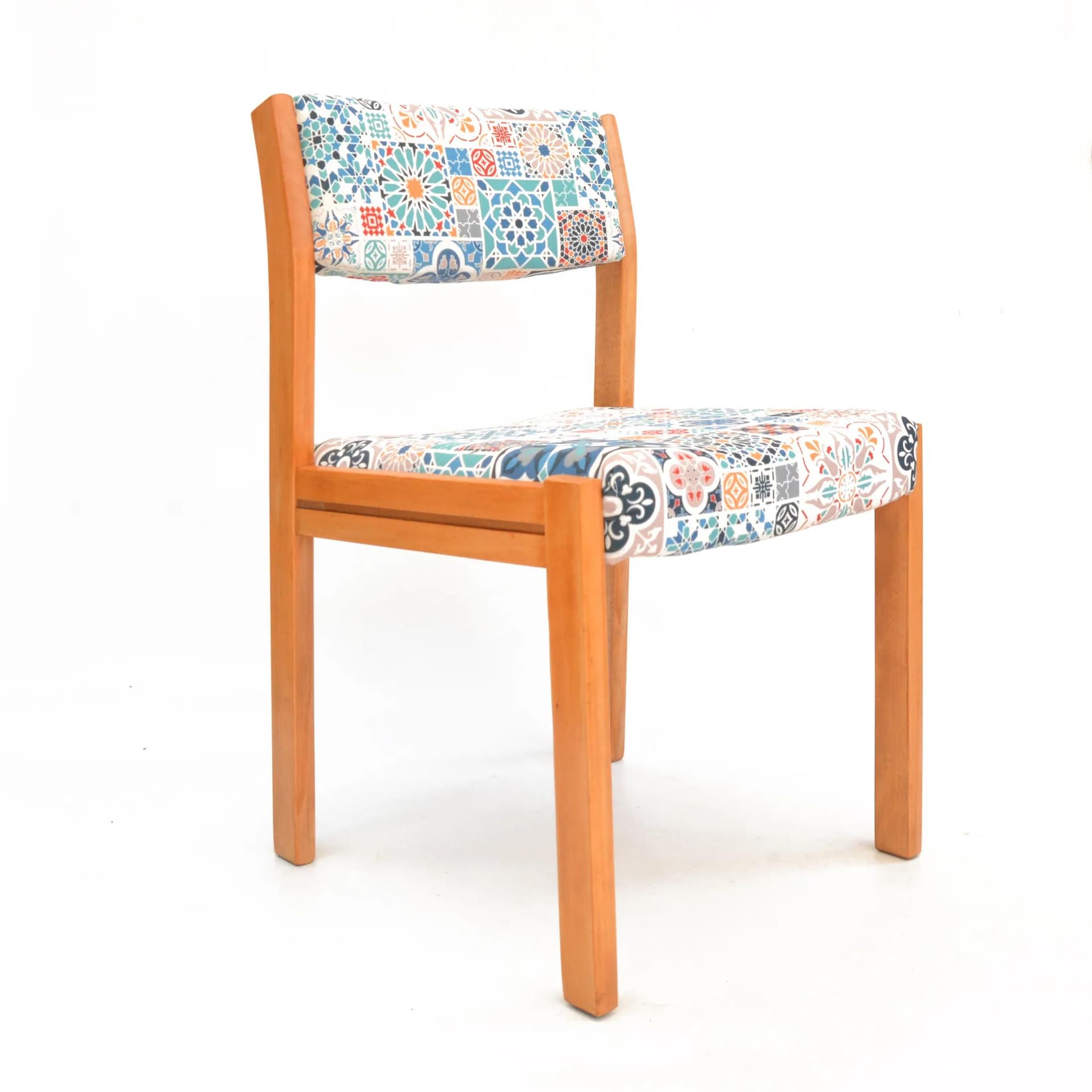 Upholstered chair, multicolor fabric, honey beech, WK Möbel, Germany, 1980s. - 129686