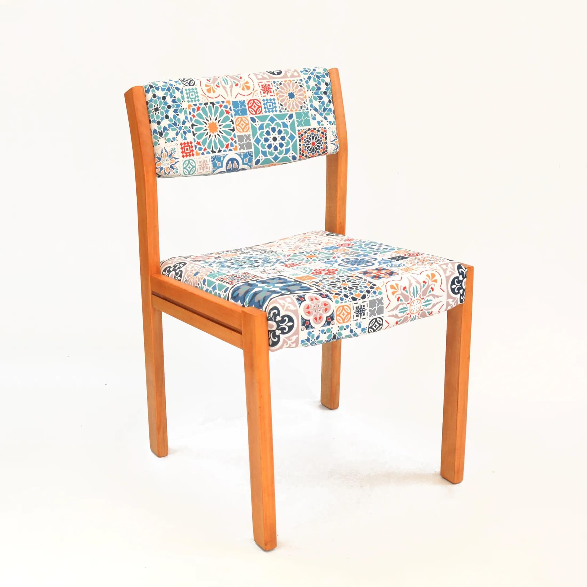 Upholstered chair, multicolor fabric, honey beech, WK Möbel, Germany, 1980s. - 129692