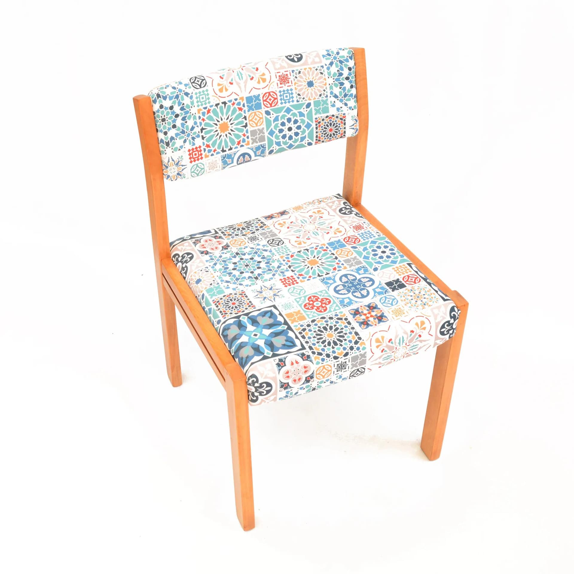 Upholstered chair, multicolor fabric, honey beech, WK Möbel, Germany, 1980s. - 129689