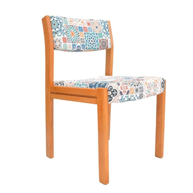 Upholstered chair, multicolor fabric, honey beech, WK Möbel, Germany, 1980s. - DIMENSION