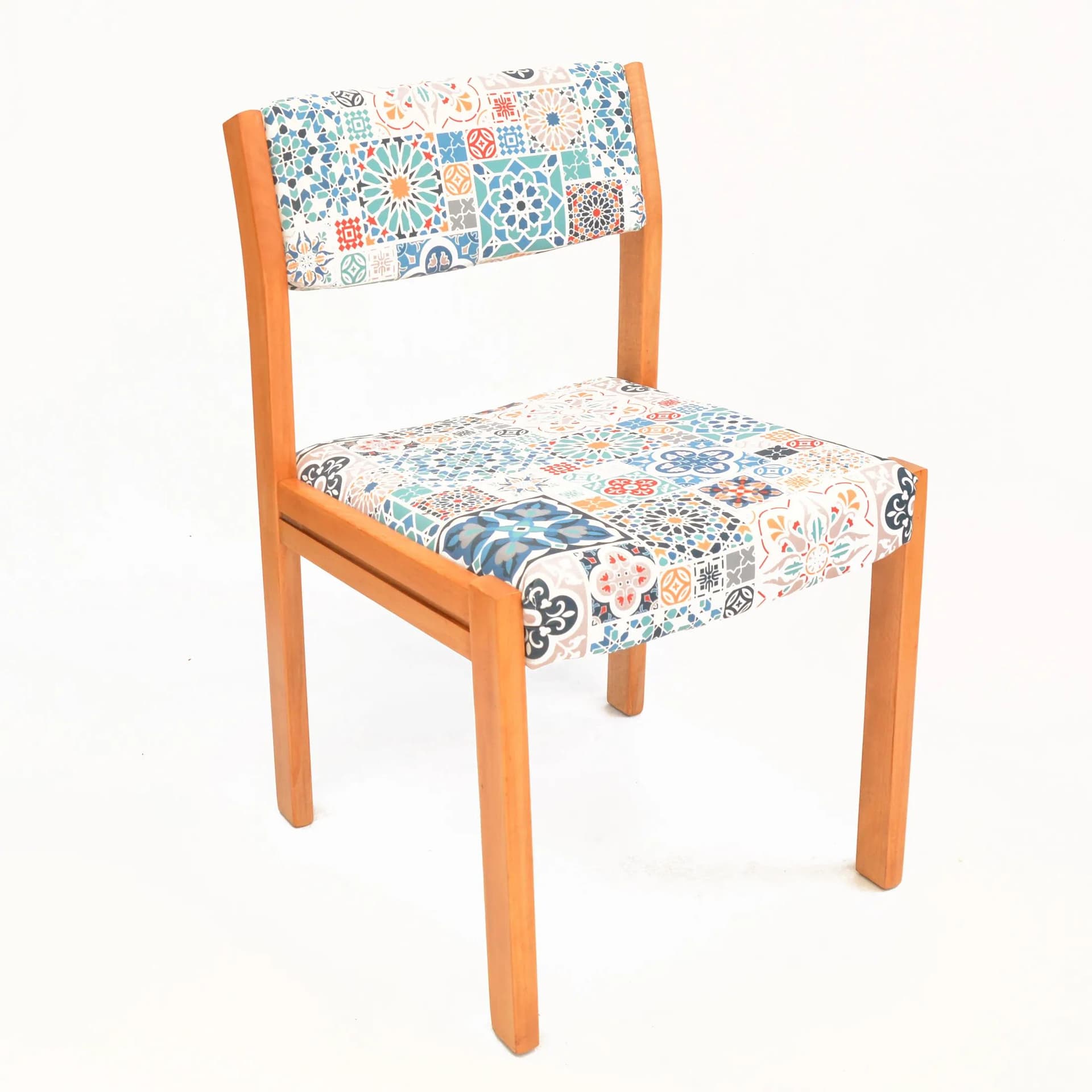 Upholstered chair, multicolor fabric, honey beech, WK Möbel, Germany, 1980s. - 129688