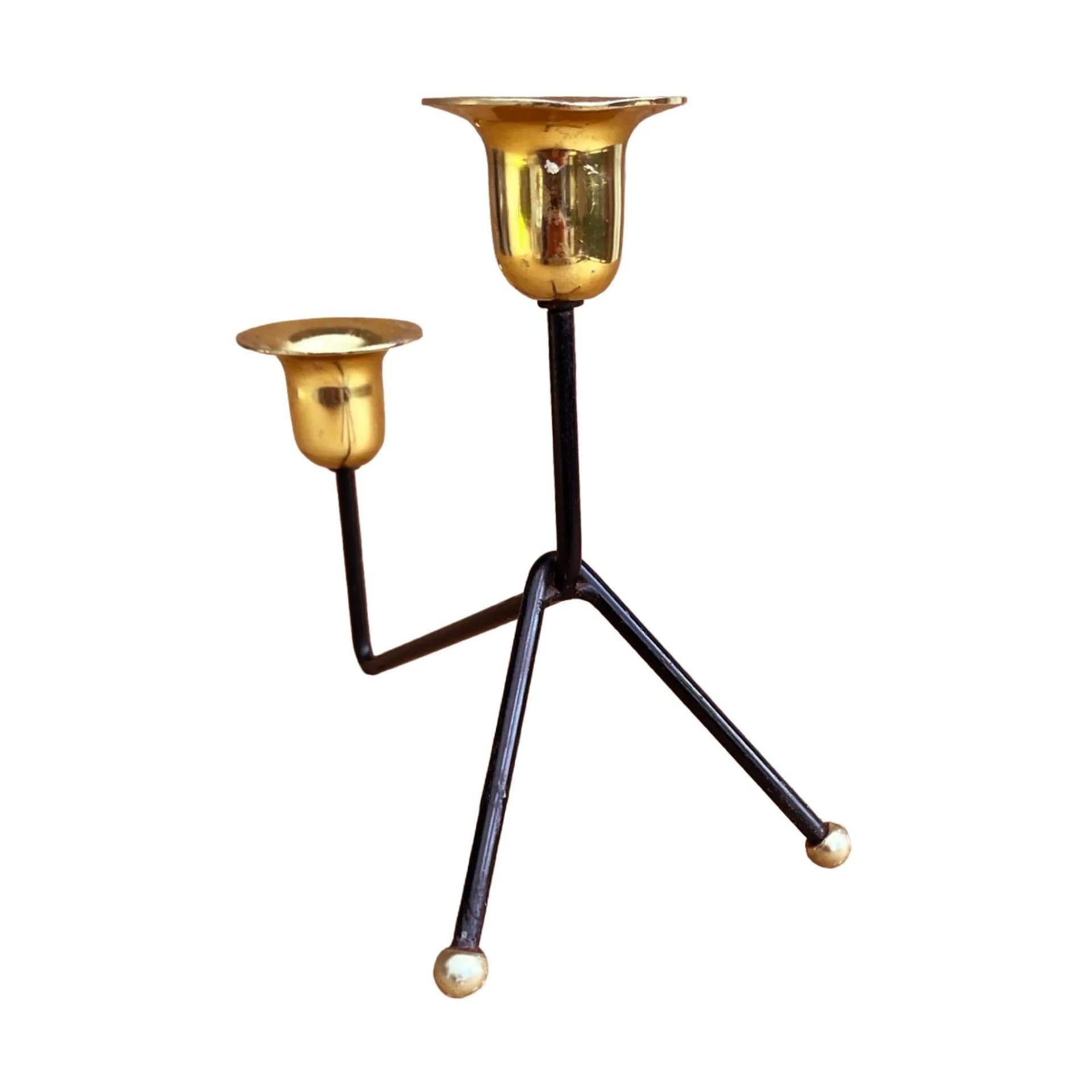 Świecznik dwupunktowy, czarny aluminium, mosiądz złoty, Belgia, lata 70. - 129511