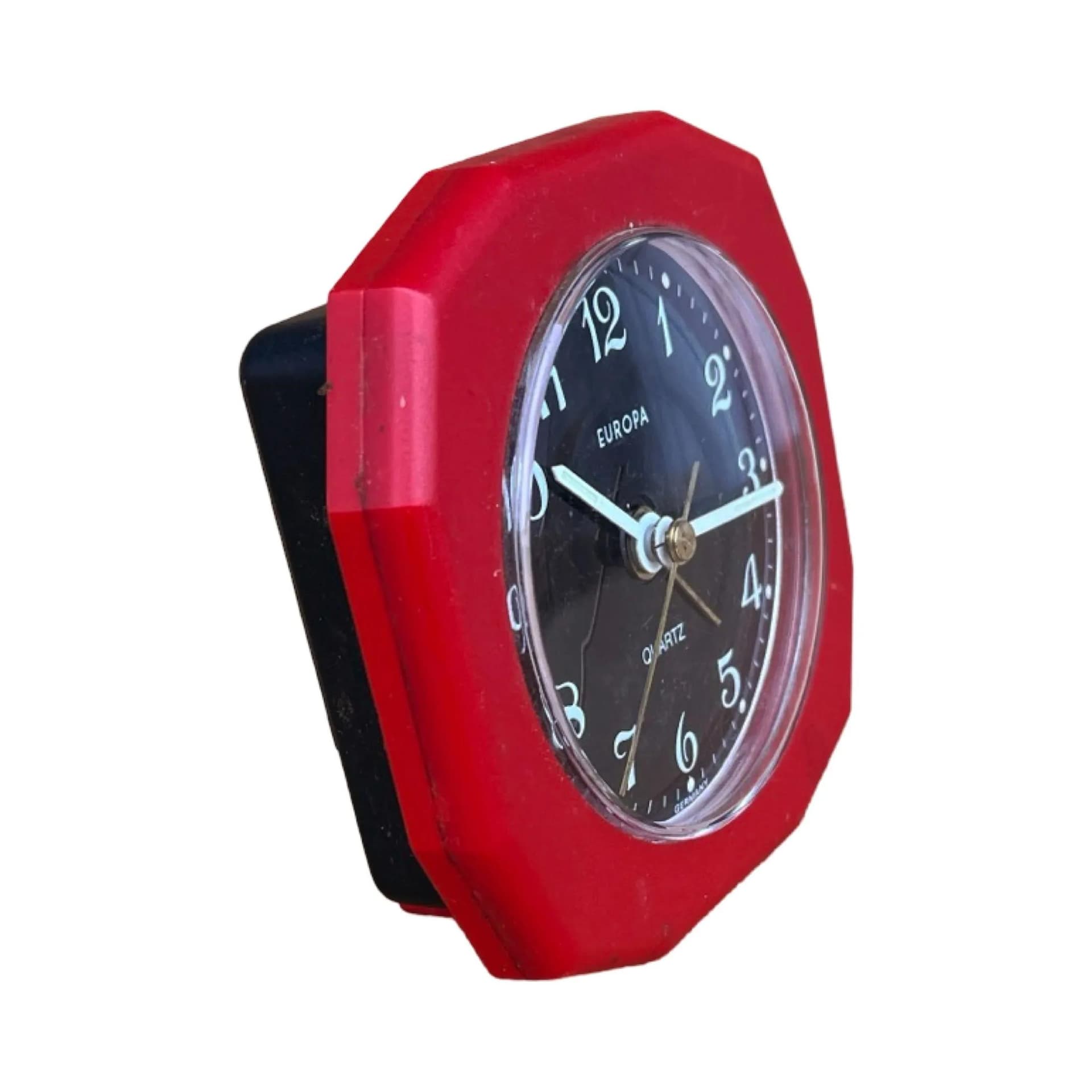 Budzik elektryczny, czerwony, plastik szkło, Niemcy, lata 60. - 129387