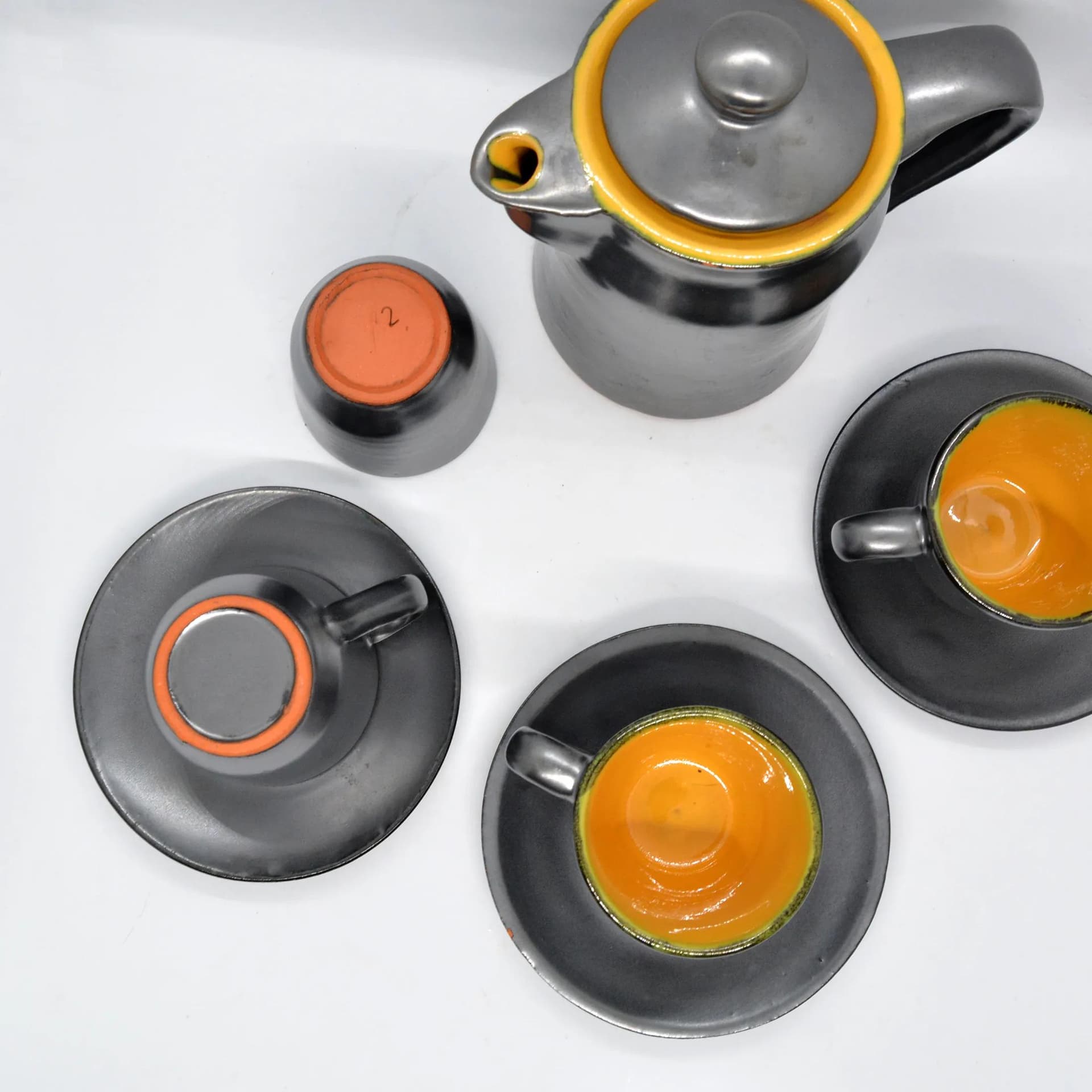 Coffee set, black yellow, stoneware, by S. Gramann, Germany, 1960s. - 129294