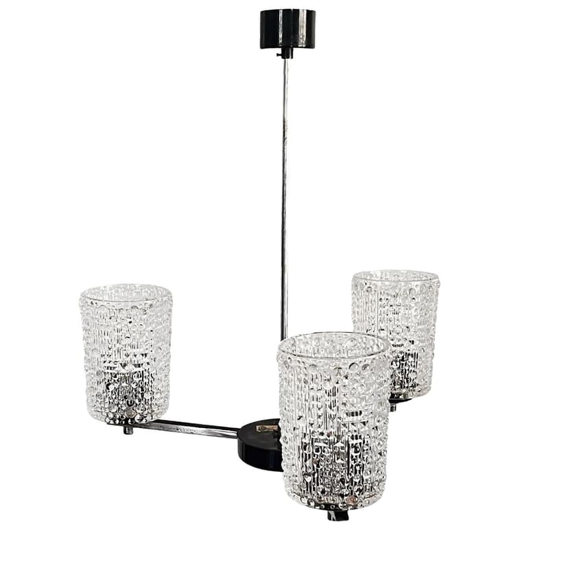 Żyrandol, Lidokov typ V167-1268, stal chromowana, szkło kryształowe transparentne, proj. F. Perceny, Czechosłowacja, lata 70.