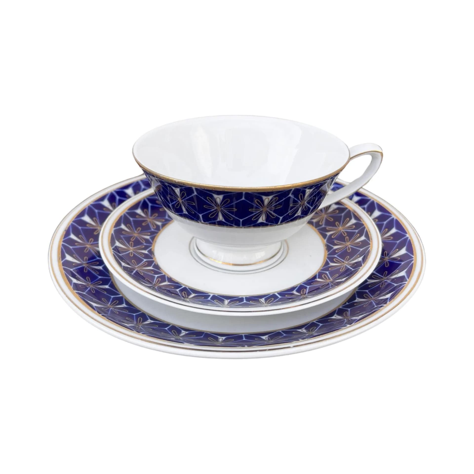 Zestaw śniadaniowy Trio, biały kobaltowy złoty, porcelana, Niemcy, lata 70. - 128947