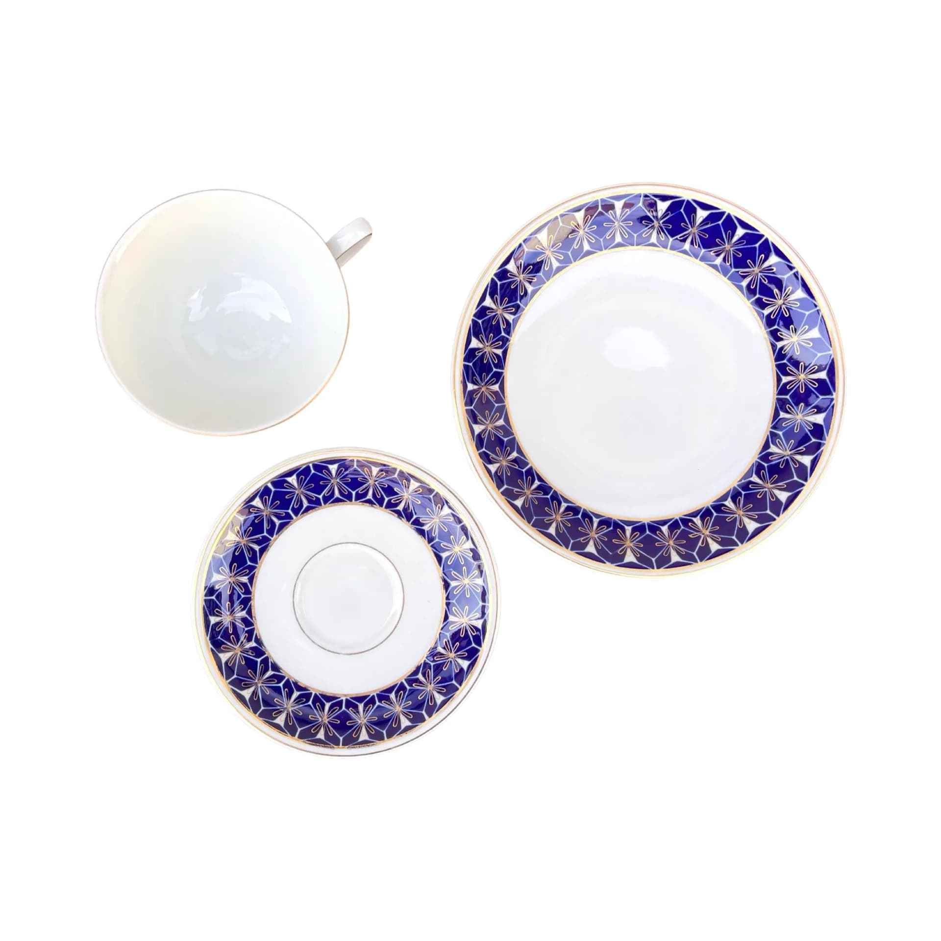 Zestaw śniadaniowy Trio, biały kobaltowy złoty, porcelana, Niemcy, lata 70. - 128948