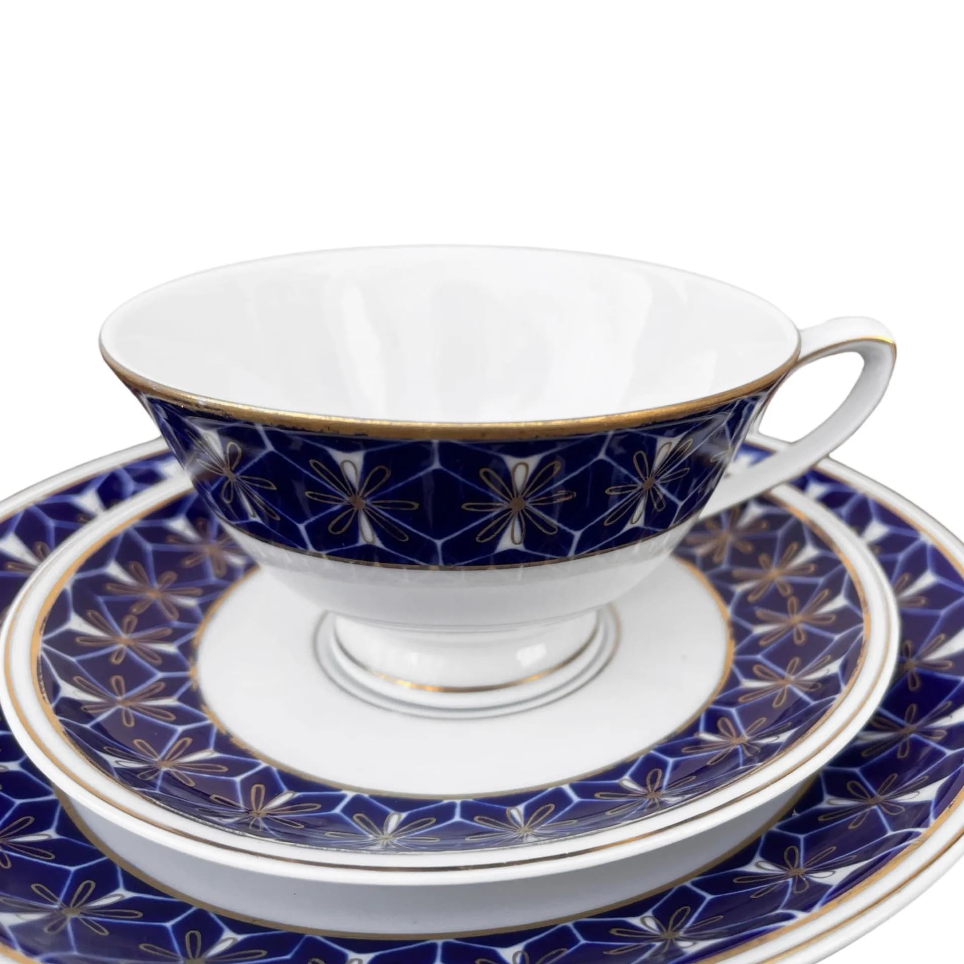 Zestaw śniadaniowy Trio, biały kobaltowy złoty, porcelana, Niemcy, lata 70. - 128950